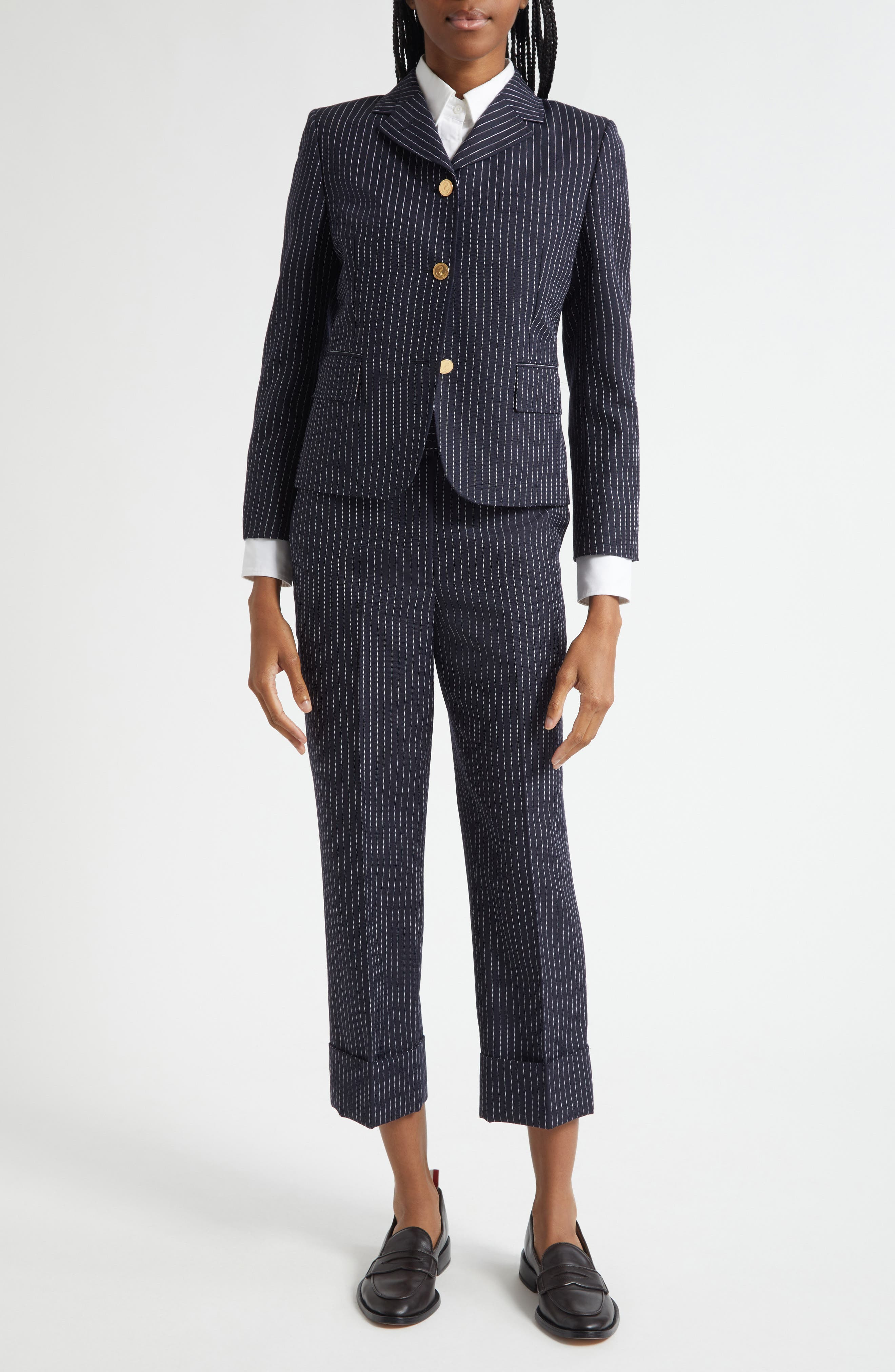 Thom Browne Fit 1 Pinstripe Wool Backstrap Virgin Wool Blend Pants in Navy at Nordstrom - 2