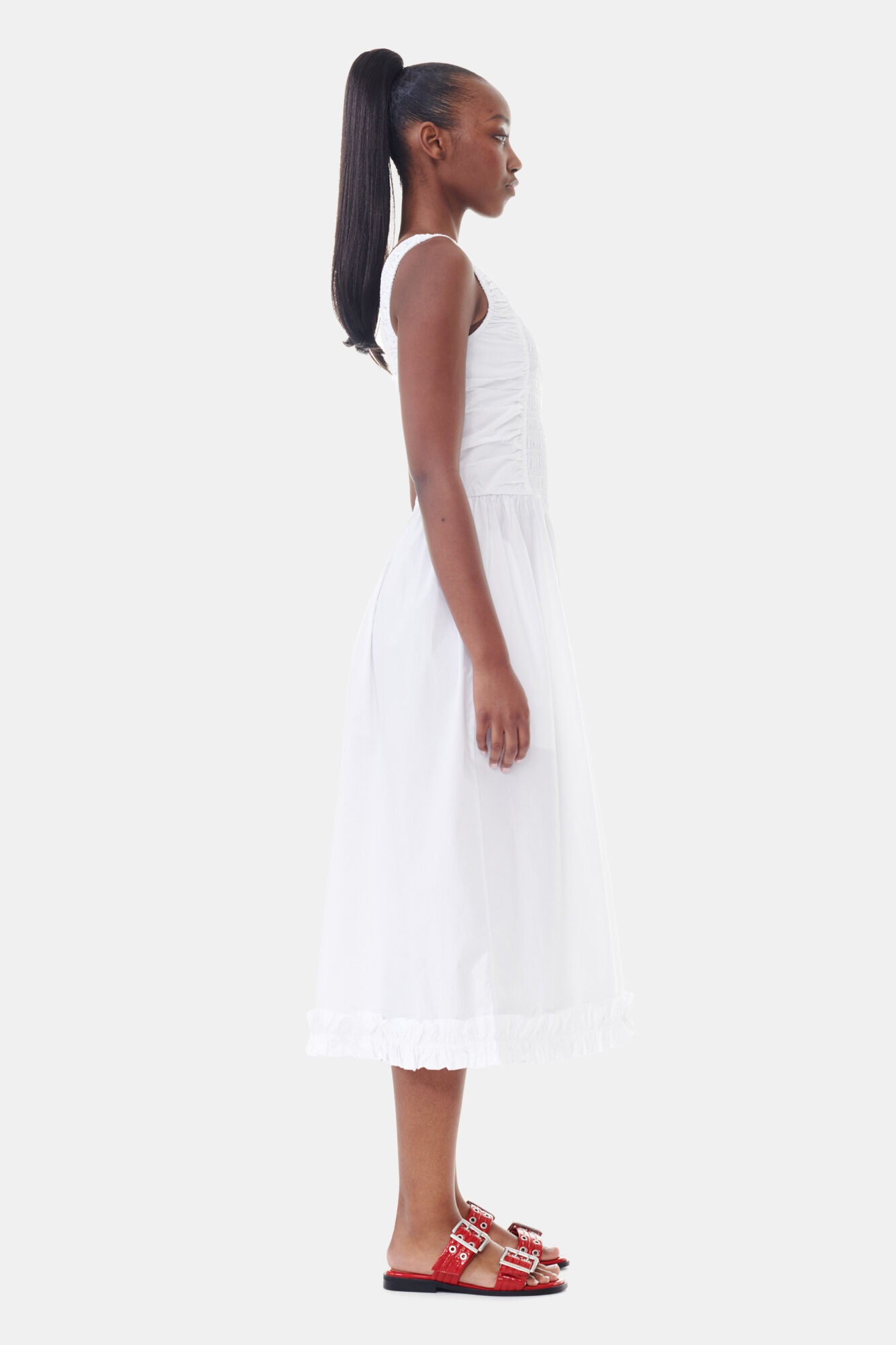 WHITE COTTON POPLIN MIDI STRAP SMOCK DRESS - 4