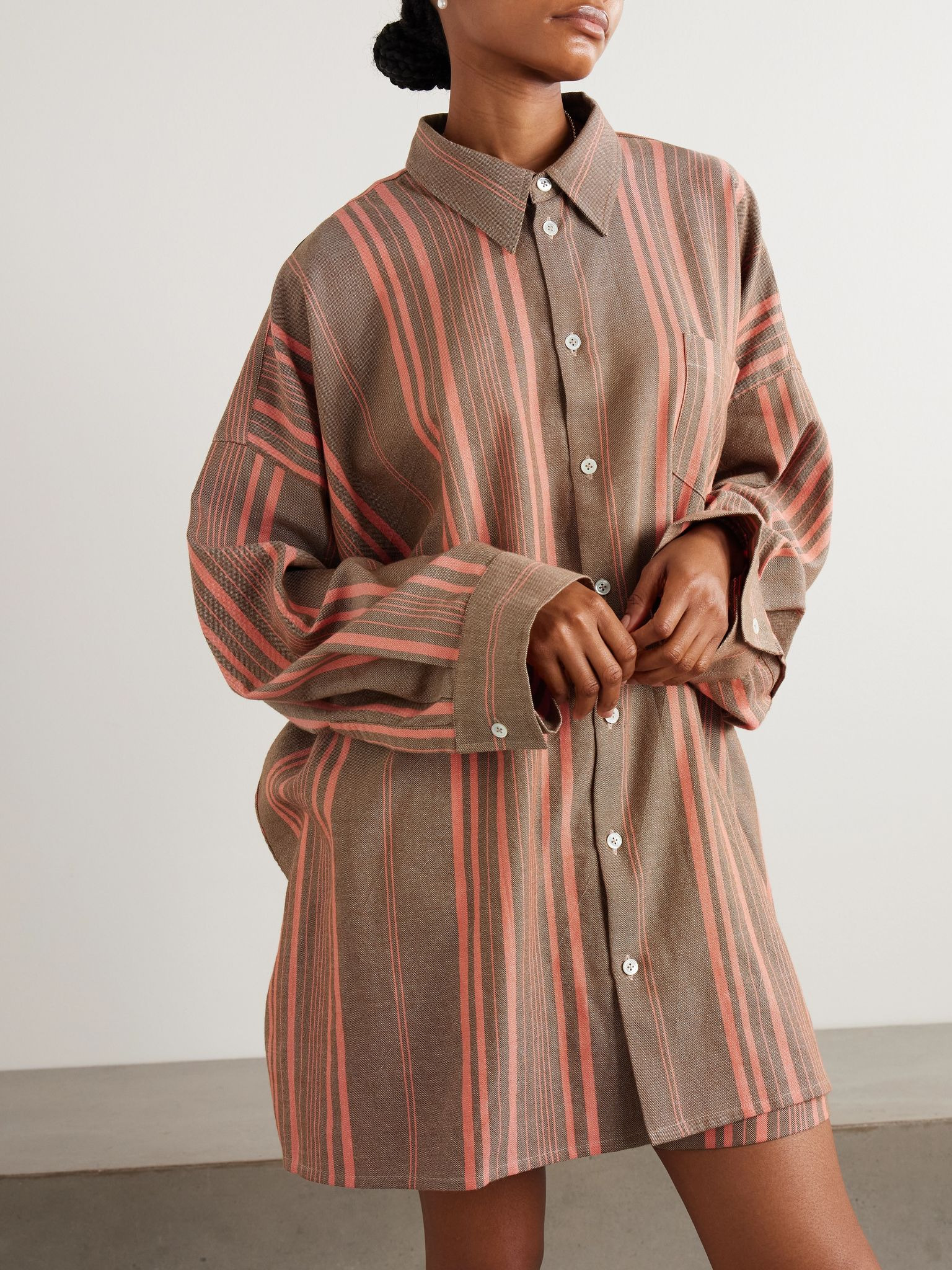 Oversized striped cotton shirt Brown - 3