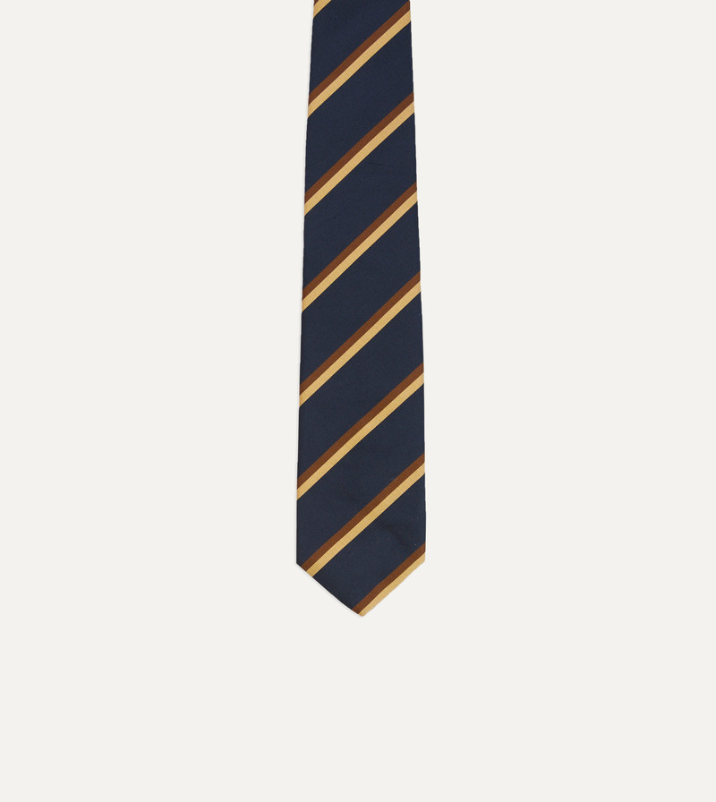 Gold, Navy and Brown Double Stripe Mogador Silk Tipped Tie 3