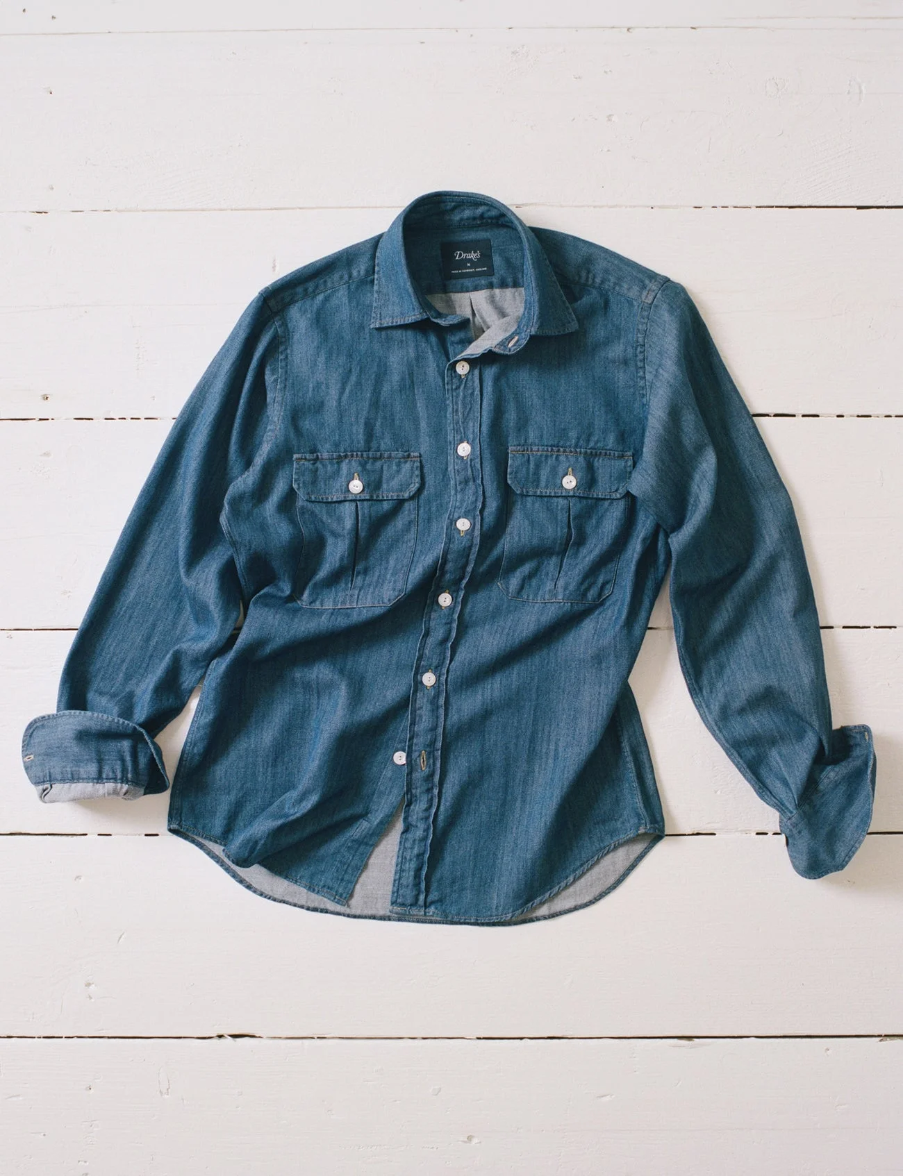 Mid-Blue Washed Denim Cotton Two-Pocket Work Shirt - 1