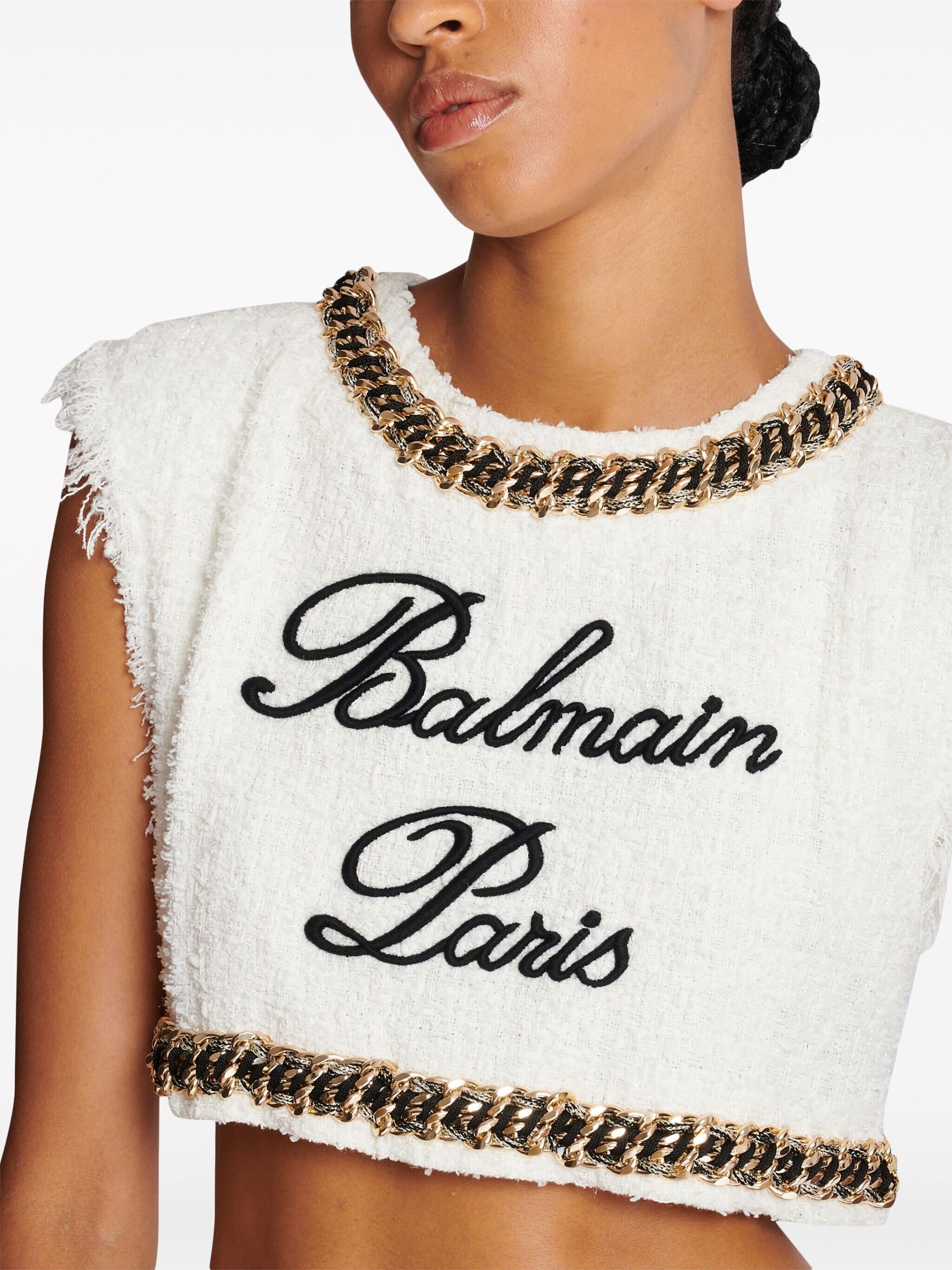 White Logo-Embroidered Tweed Top - 7