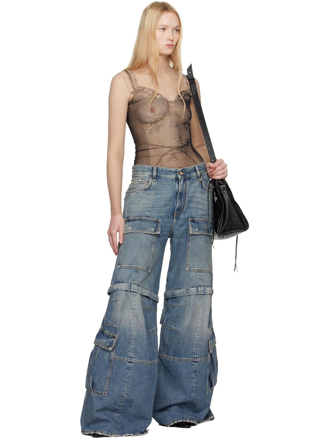 Blue Flared Cargo Jeans - 5