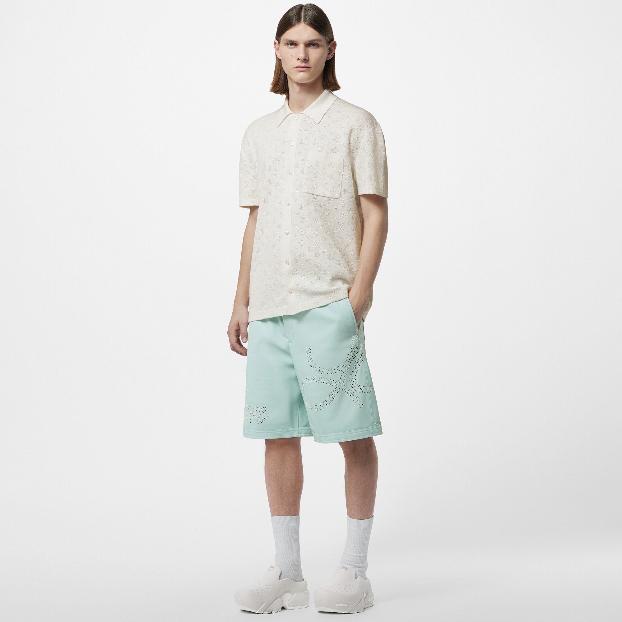 Monogram Pointelle Cotton Short-Sleeved Shirt - 2