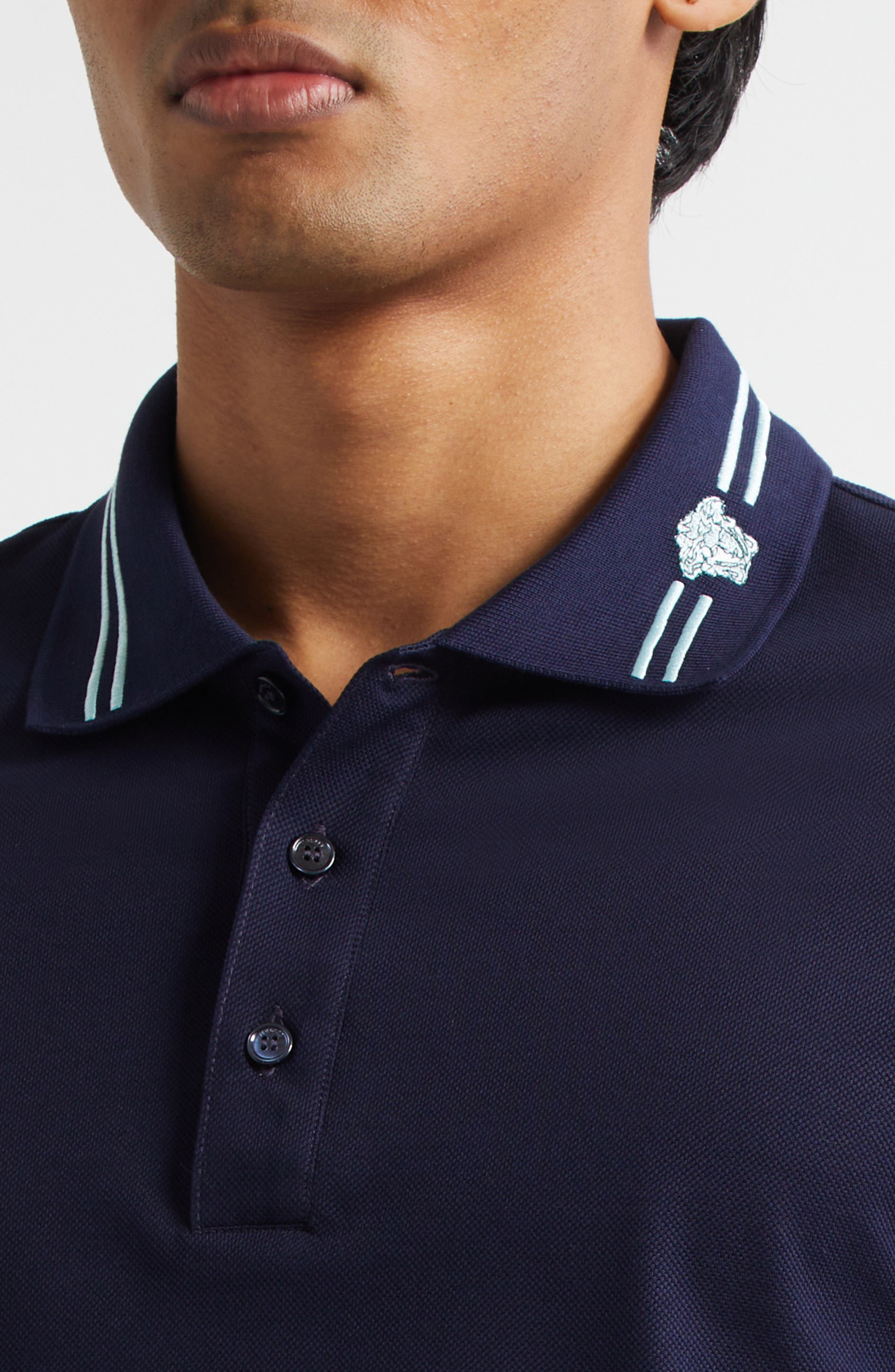 Versace Stripe Collar Cotton Piqué Polo in Navy Blue at Nordstrom - 4