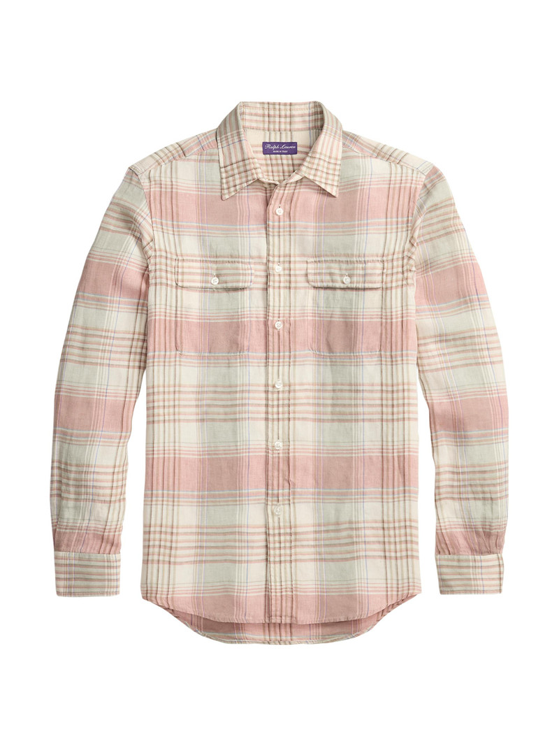 Men's Plaid Linen Long-Sleeve Sport Shirt - Raspberry 1