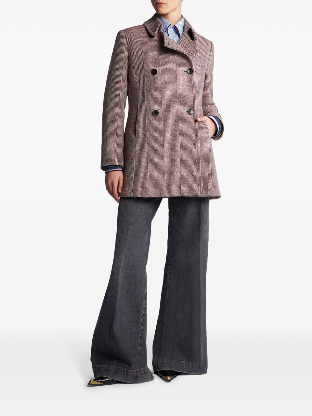 herringbone-pattern double-breasted coat - 3