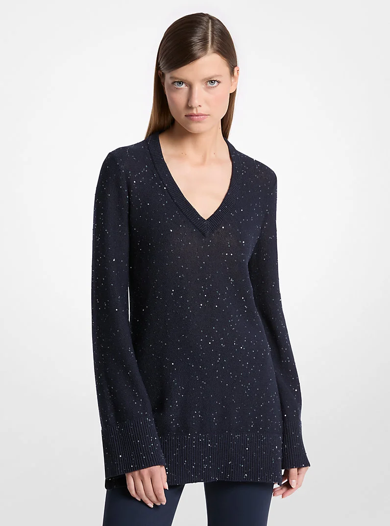 Sequined Linen and Cotton V-Neck Sweater - 1