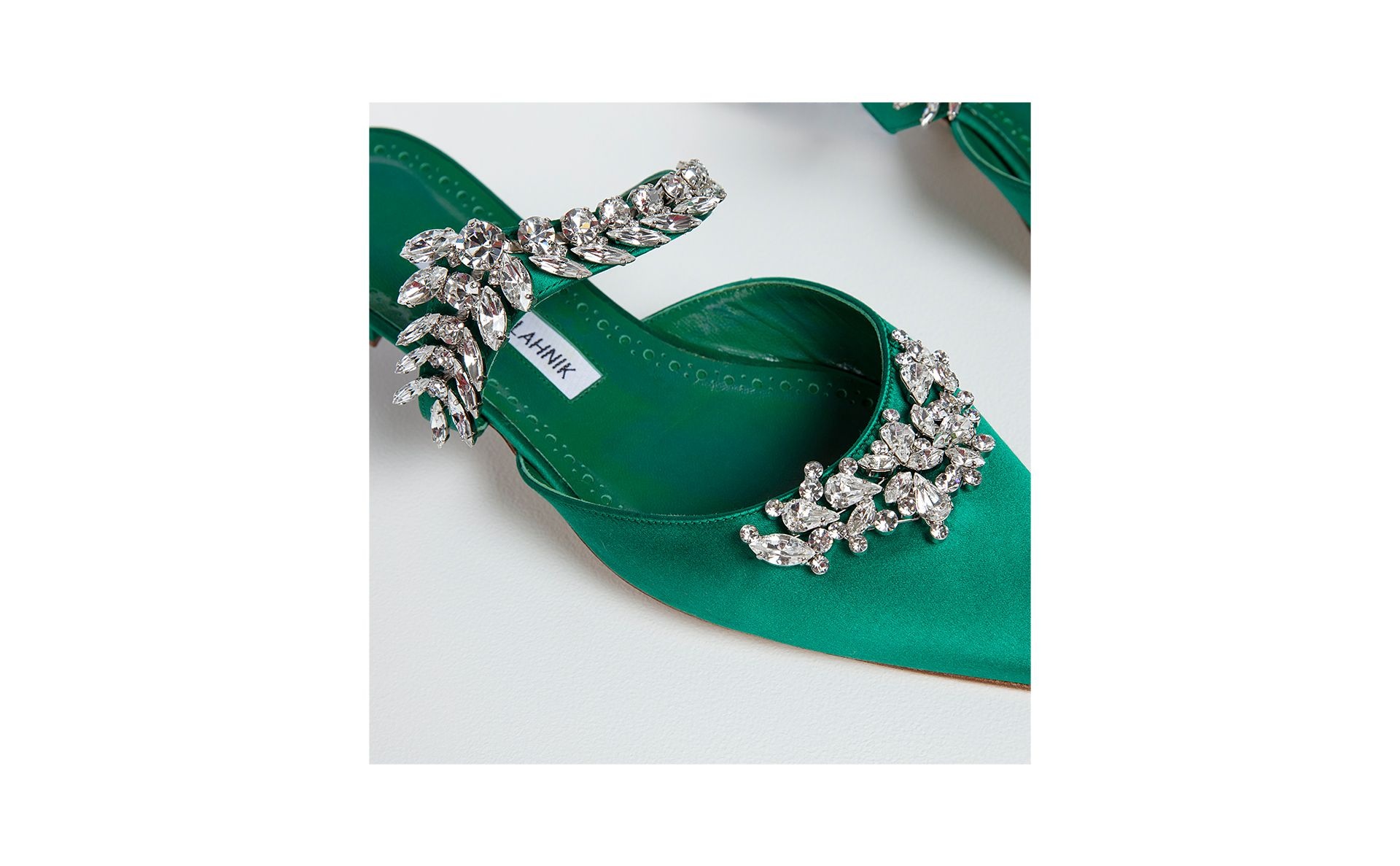 Green Satin Crystal Embellished Flat Mules - 5