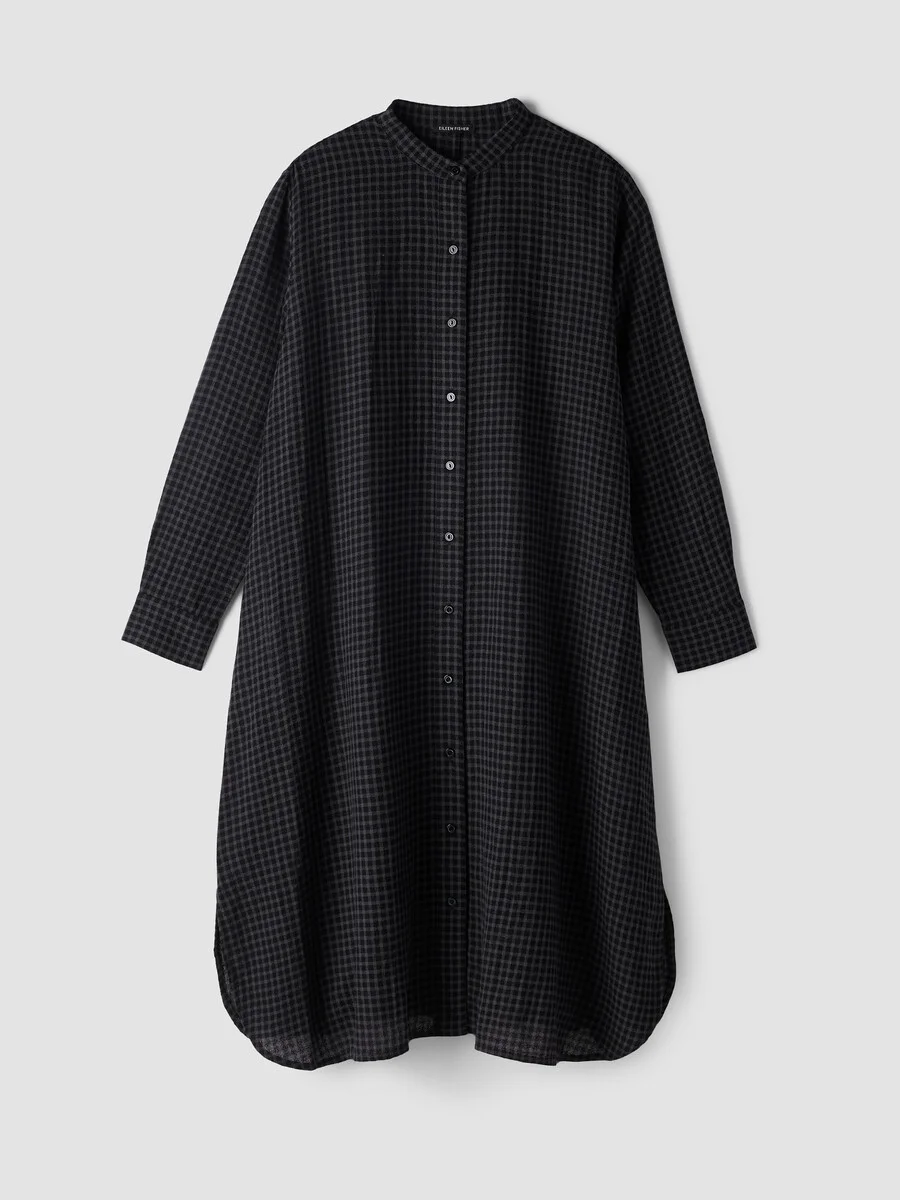 Wool Cotton Check Band Collar Shirtdress - 1