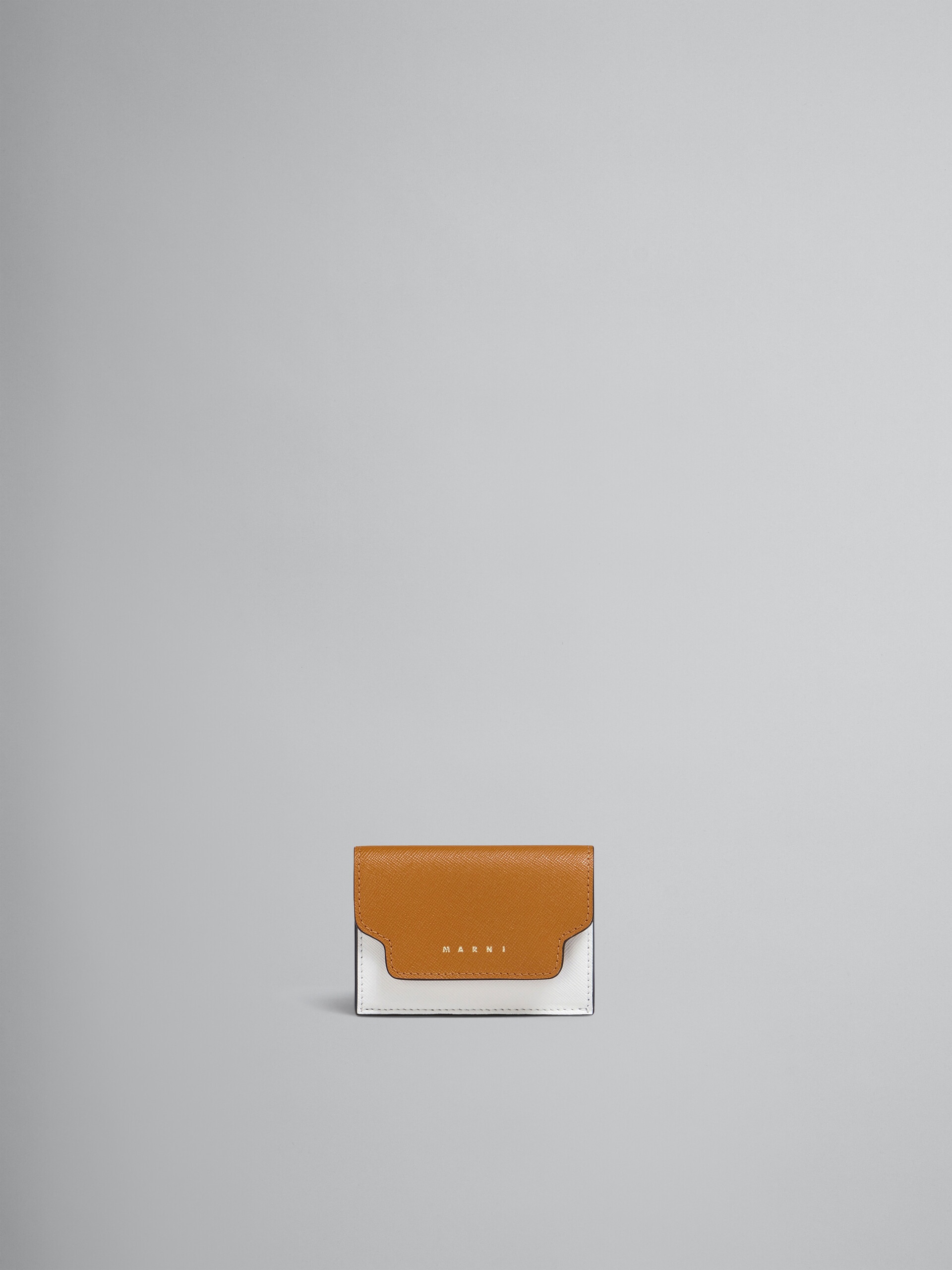 BROWN WHITE AND BLUE SAFFIANO LEATHER TRI-FOLD WALLET - 1