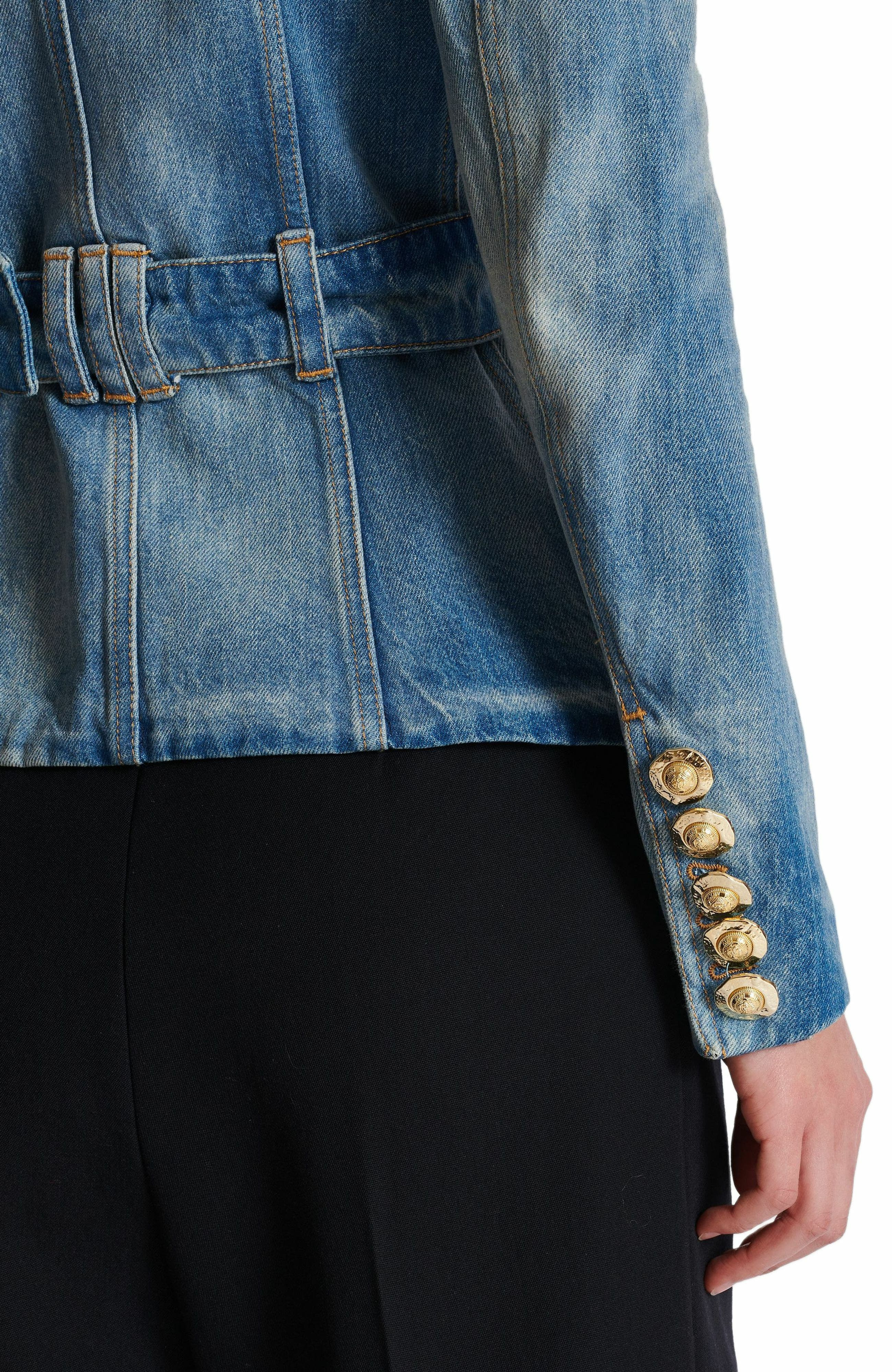 Balmain 1-button belted denim jacket in Blue at Nordstrom - 4