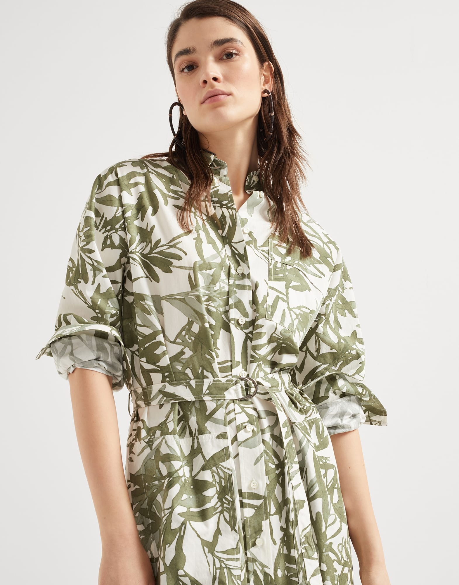 Cotton herbarium print poplin belted shirt dress with shiny collar detail - 4