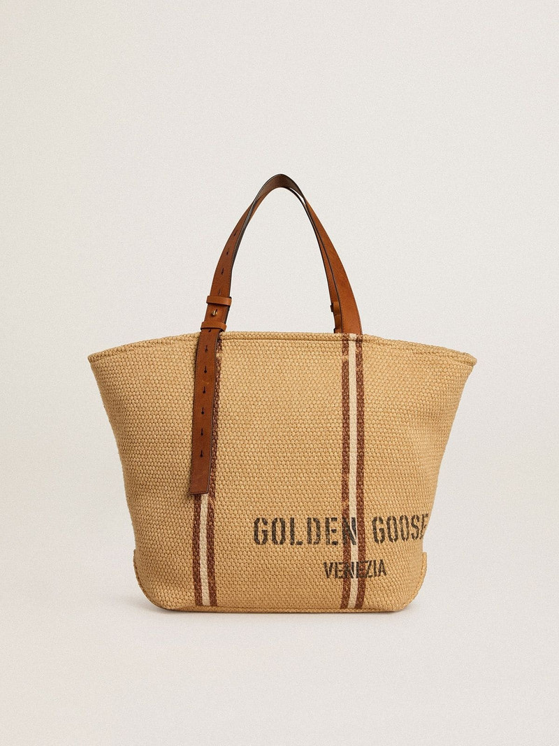 24.7 tote bag in natural raffia and brown leather with gold metallic details 1