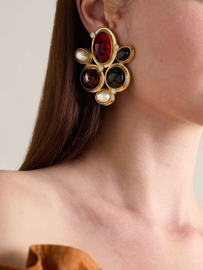 Gold-tone, resin, faux pearl and crystal clip earrings Gold 4