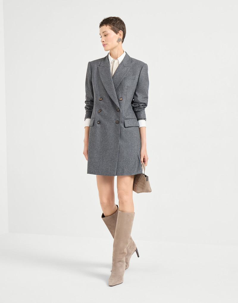 Virgin wool flannel blazer dress with shiny cuffs and pocket square 5