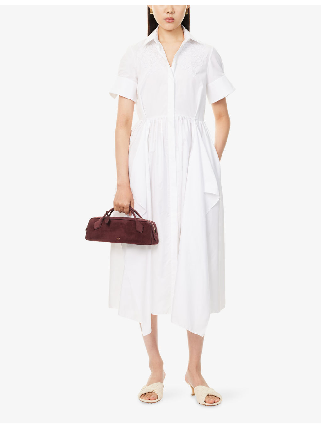 Embroidered Short-Sleeve Cotton Midi Shirt Dress - 2