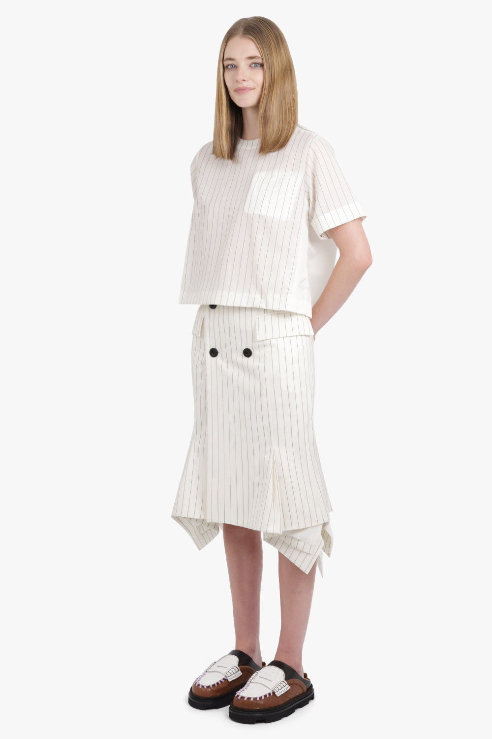 ASYMMETRIC FLARED HEM STRIPE MIDI SKIRT WITH BUTTON DETAIL | OFF WHITE/BLACK - 3