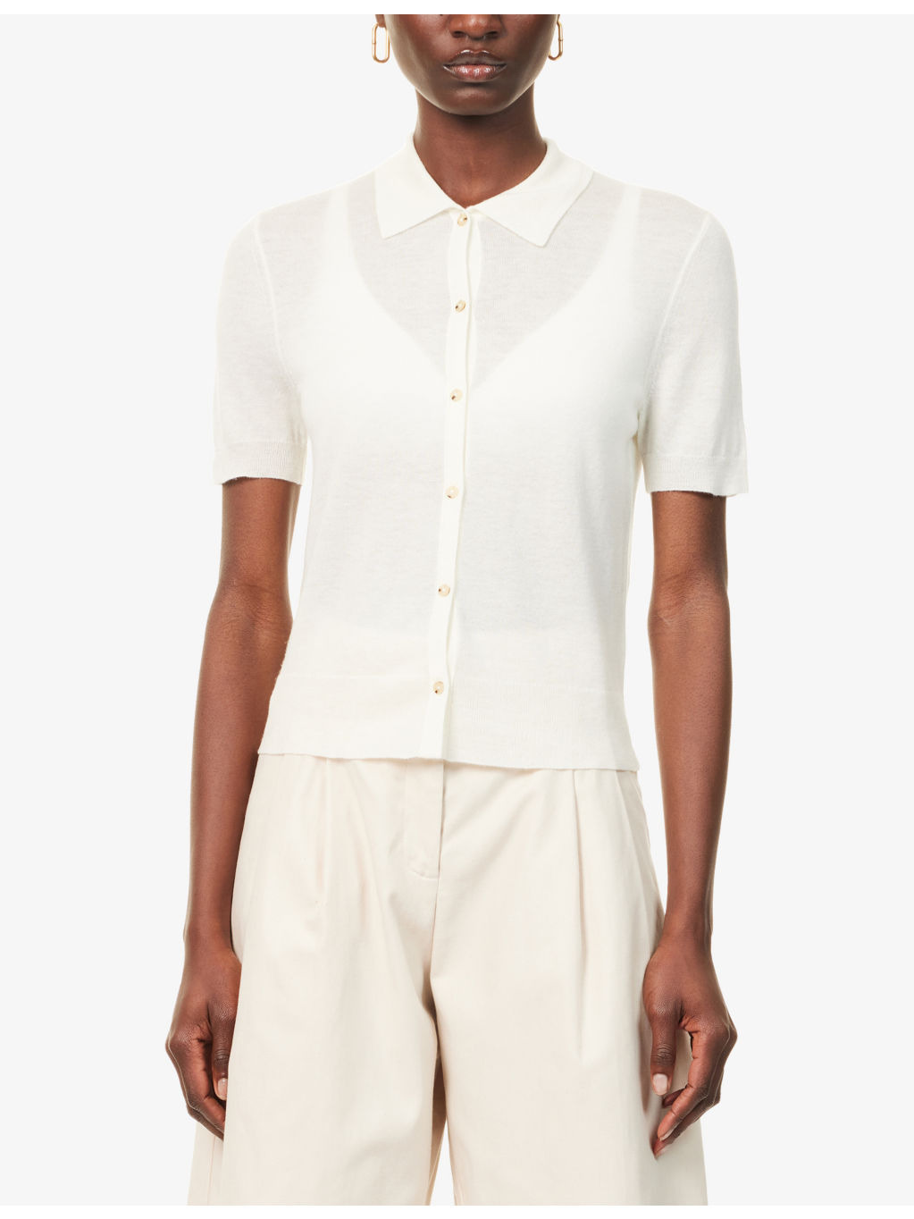 Polo-Collar Short-Sleeves Wool-Blend Top - 3
