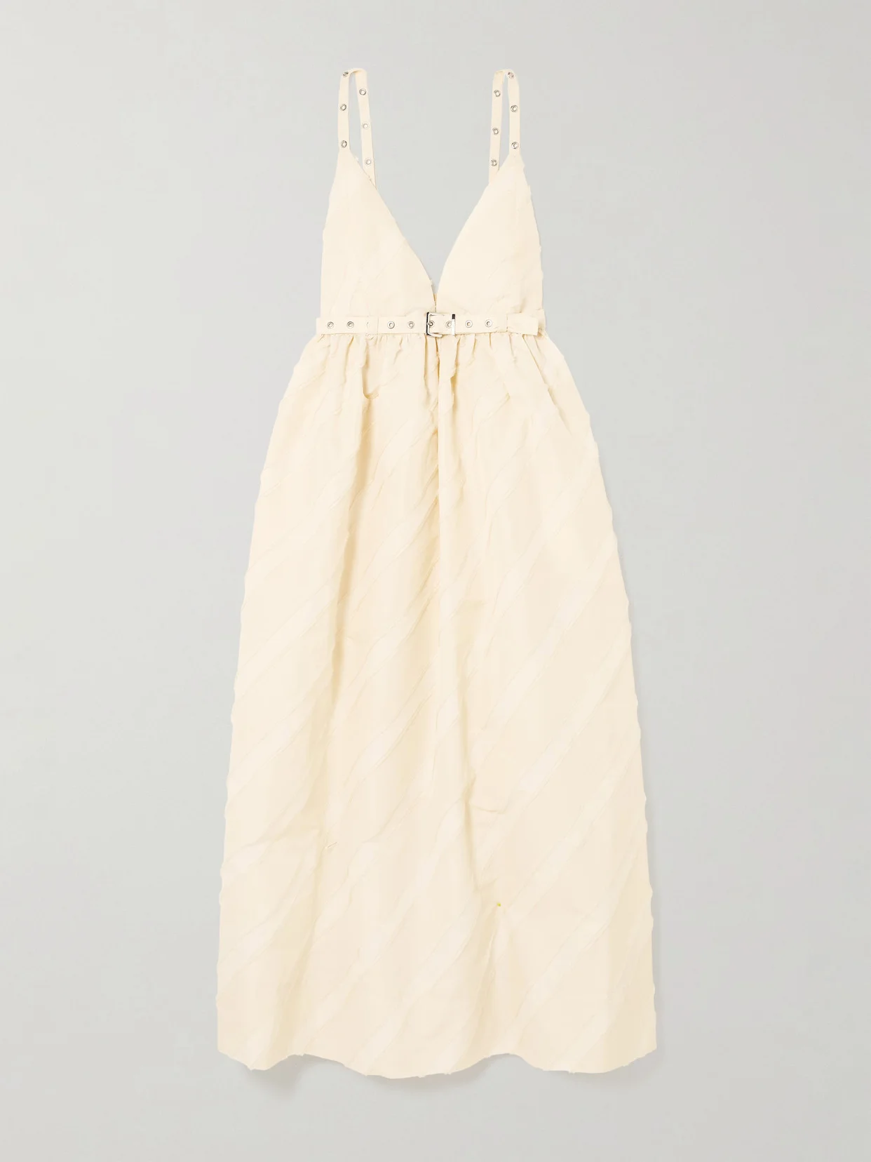 Belted Eyelet-embellished Striped Taffeta Midi Dress - 1