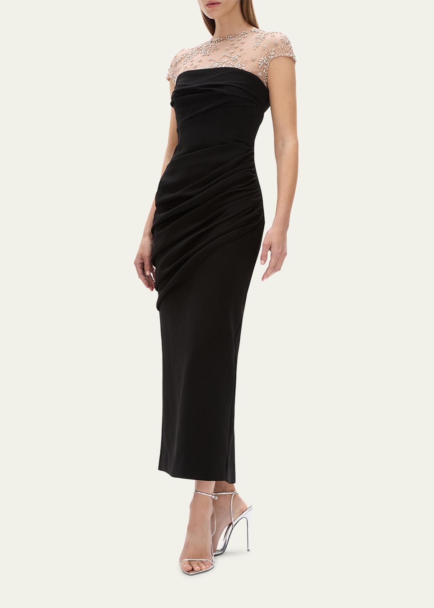 Dottie Floral Crystal Sheer Draped Dress - 4