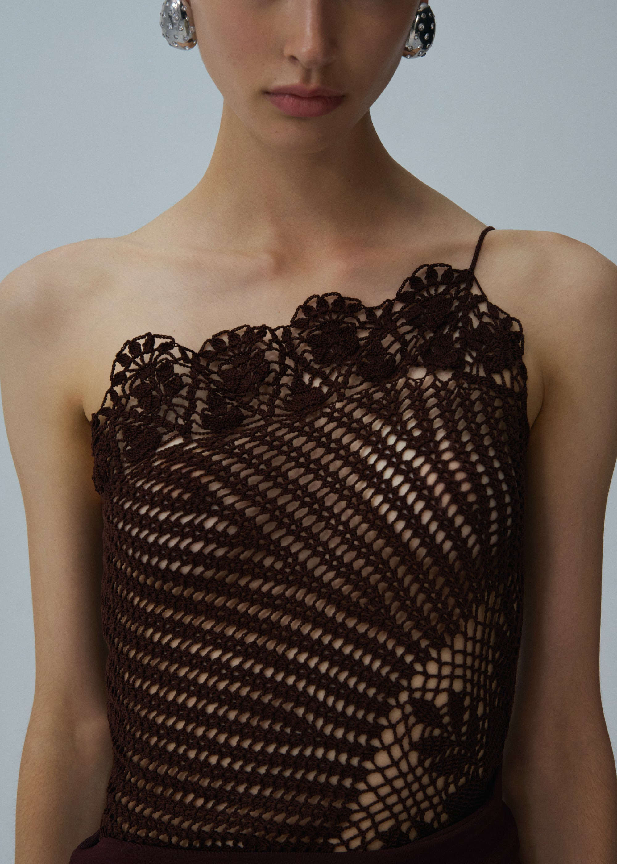 Lace crochet one shoulder top in brown - 4