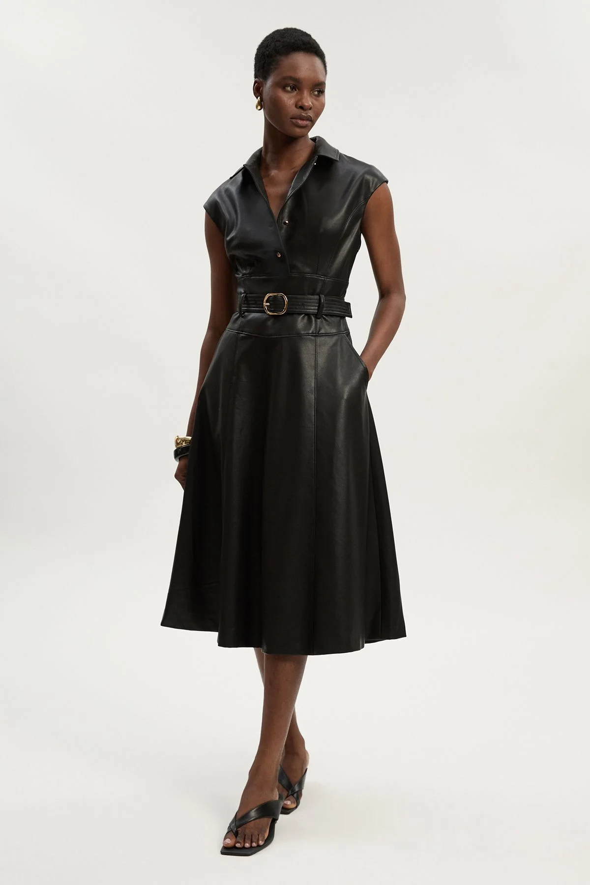 Faux Leather Belted Midi Dress - 1