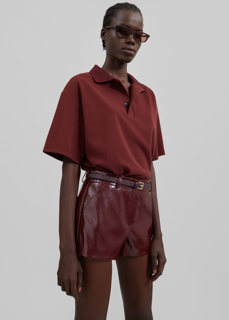 Kate Crackled Faux Leather Mini Shorts - Burgundy 10