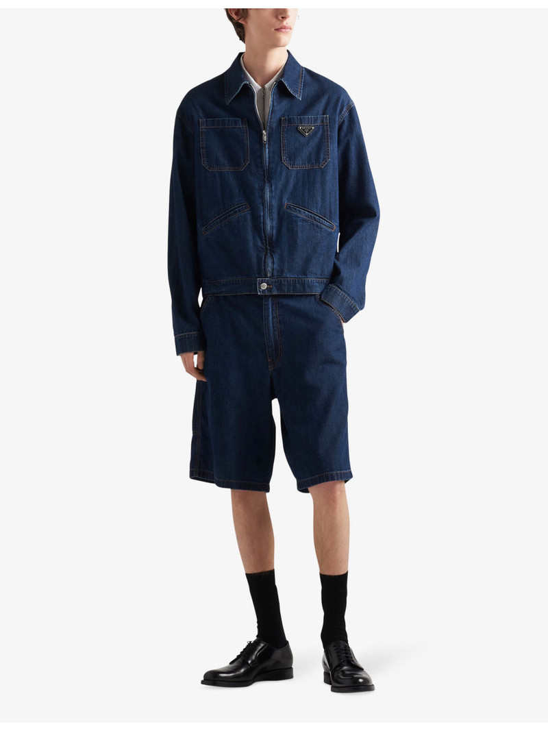 Prada Brand-plaque multi-pocket regular-fit washed-denim Bermuda shorts outlook