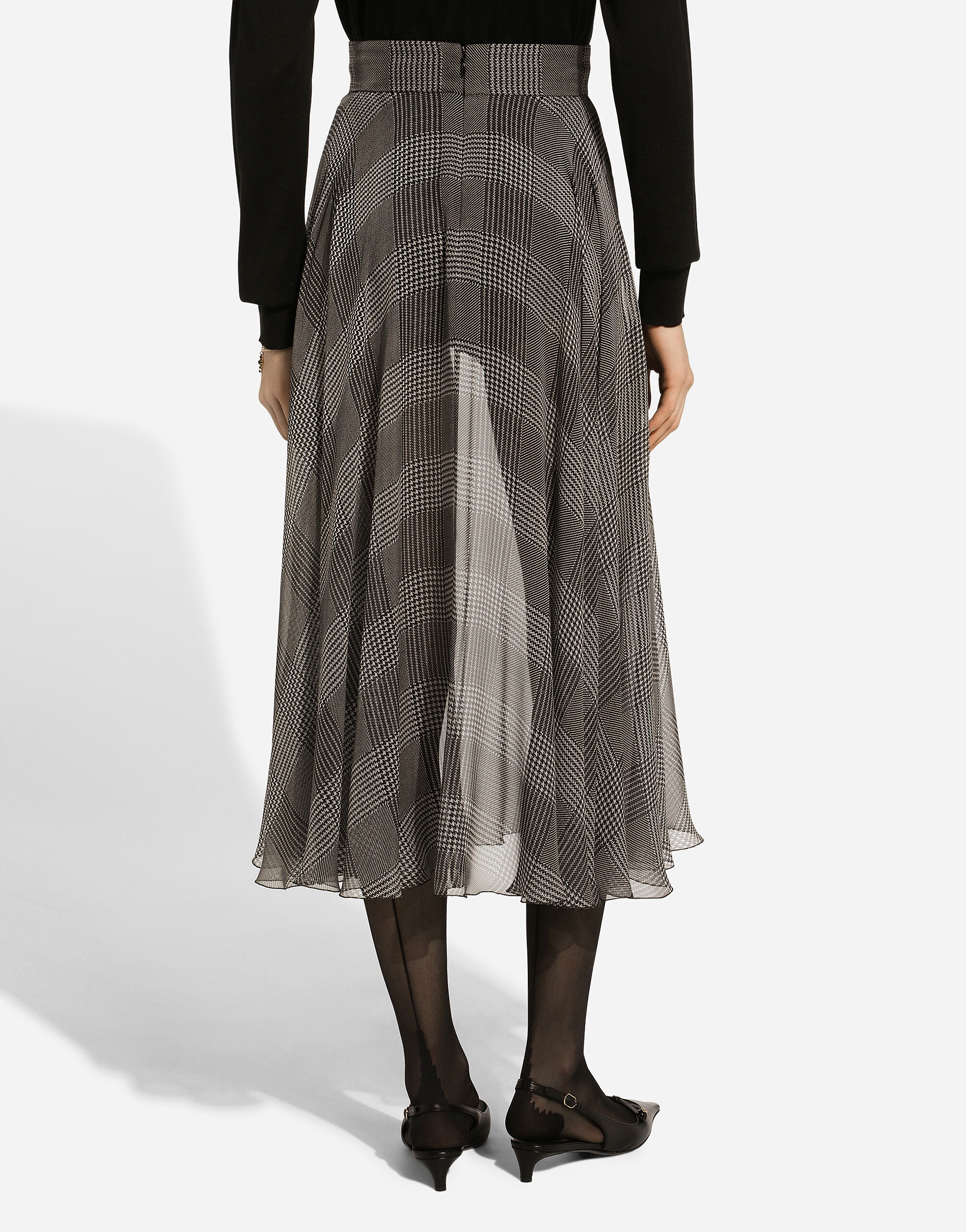 Silk chiffon calf-length circle skirt with glen plaid print - 3