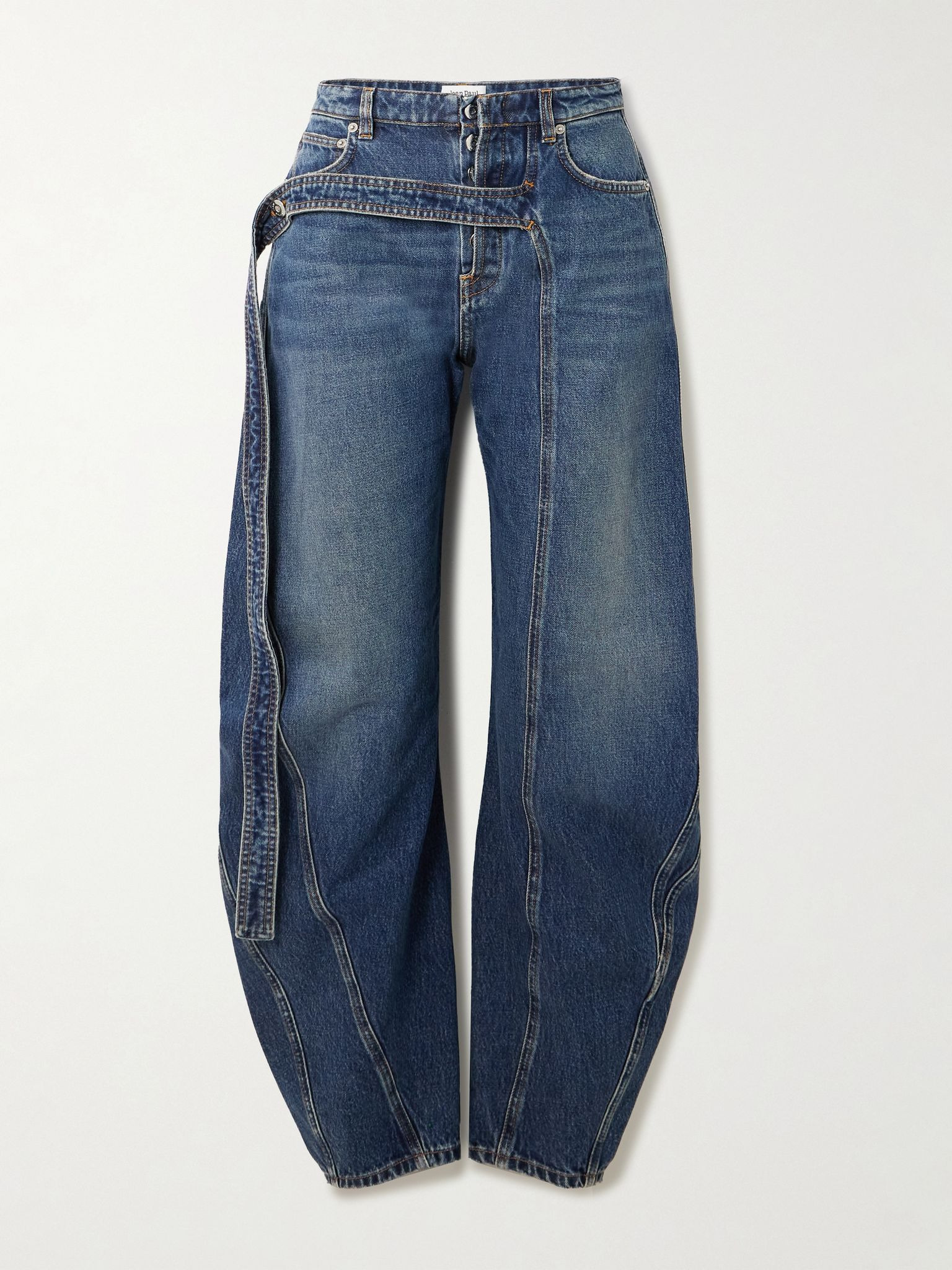 Strap-detailed paneled high-rise wide-leg jeans Blue - 1