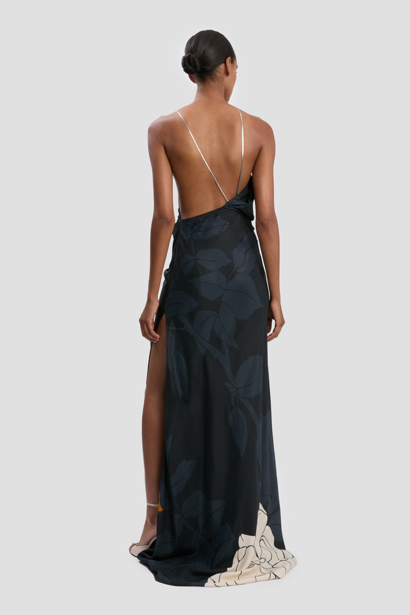 Halter Gown In Dark Navy Floral Print 5
