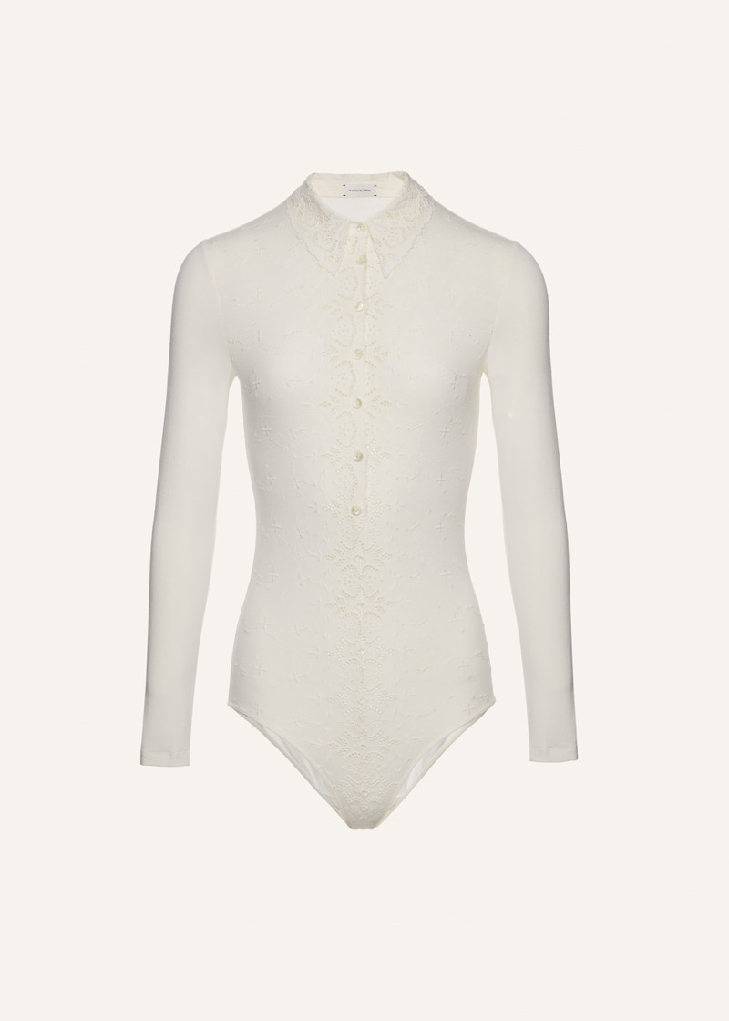 Long-sleeve tricot polo bodysuit in cream 1