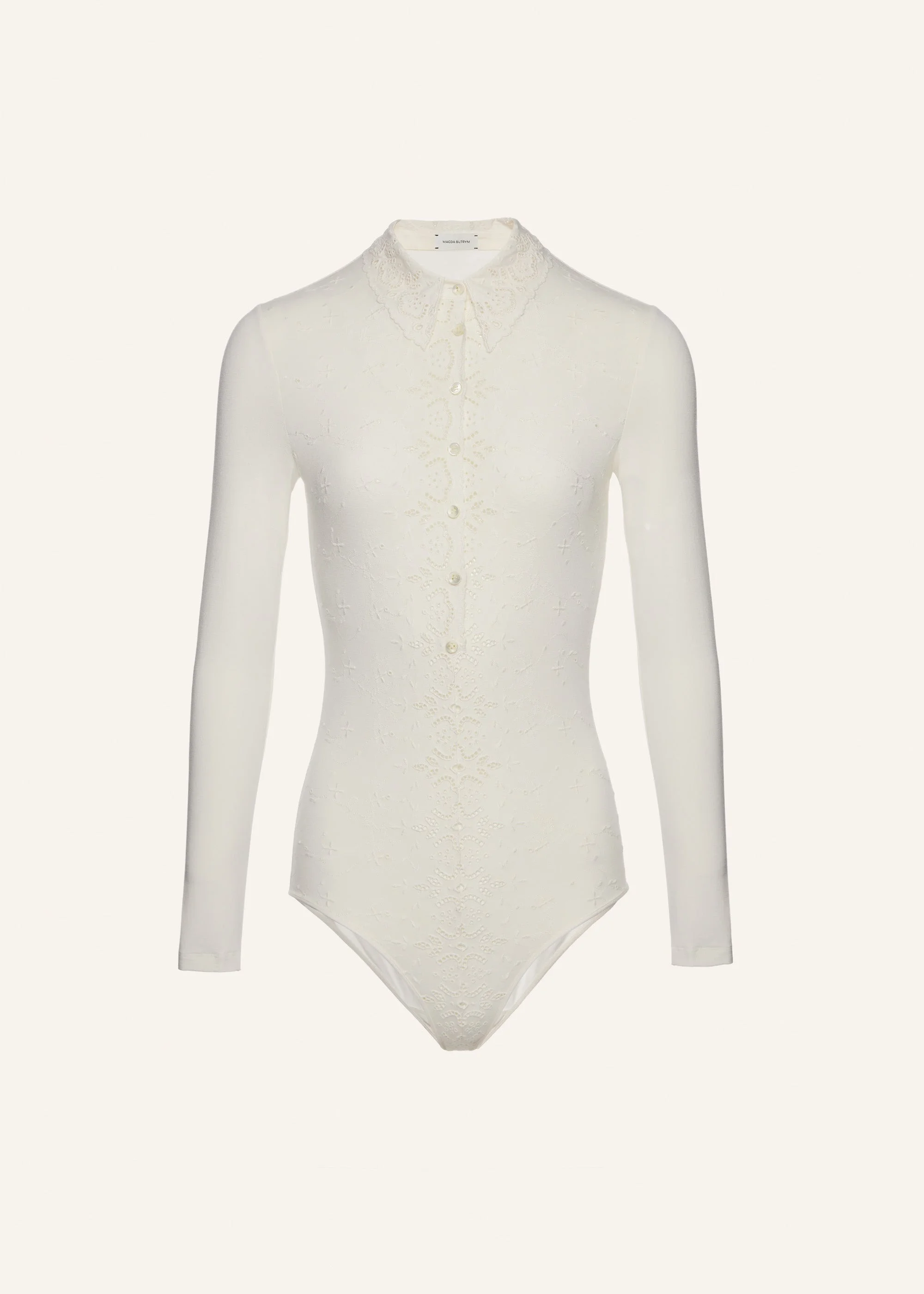 Long-sleeve tricot polo bodysuit in cream - 1