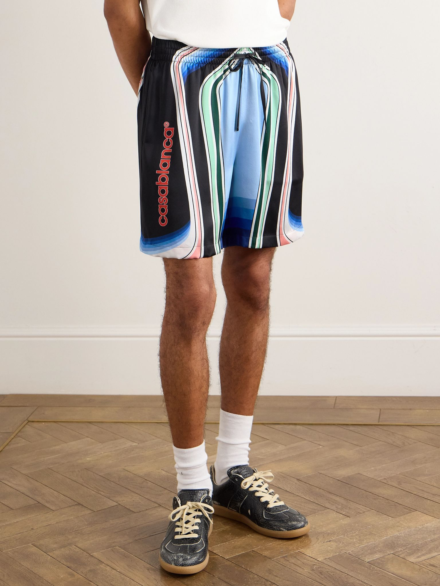 Graphic Mountain Straight-Leg Logo-Print Silk-Twill Drawstring Shorts Blue - 3
