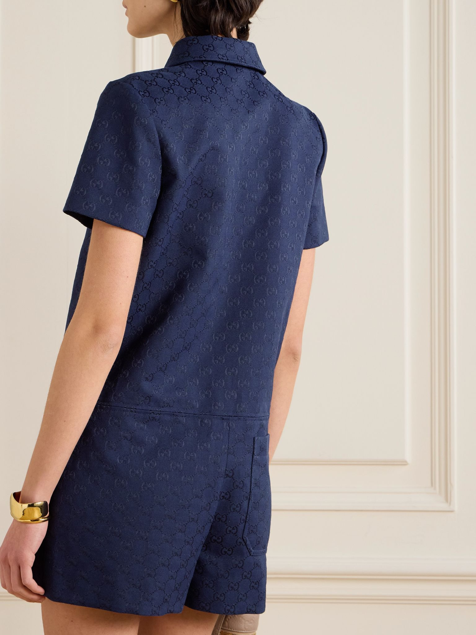 Embellished leather-trimmed canvas-jacquard playsuit Midnight blue - 3