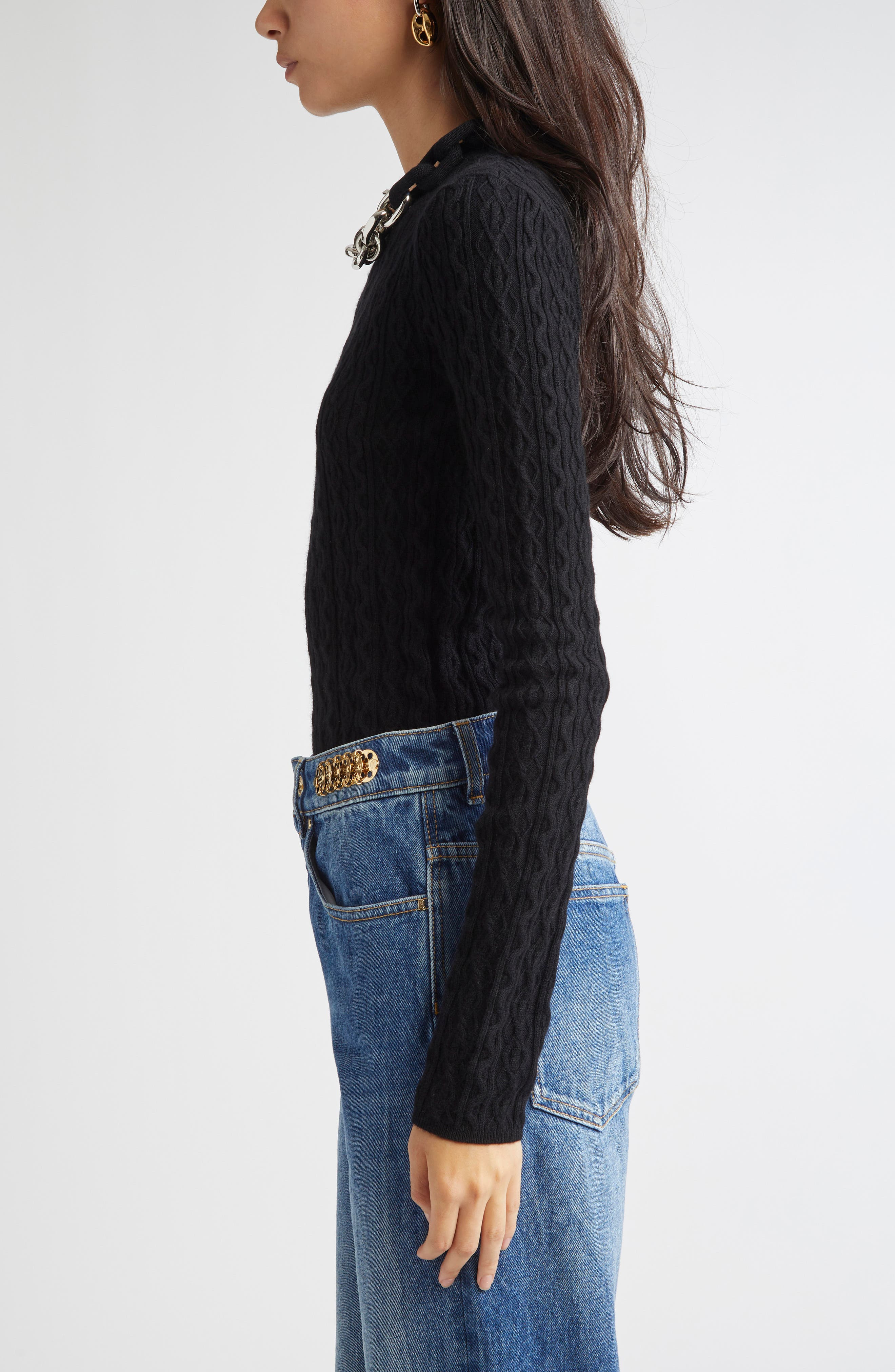 Rabanne Chain Detail Cable Knit Sweater in Black at Nordstrom - 3