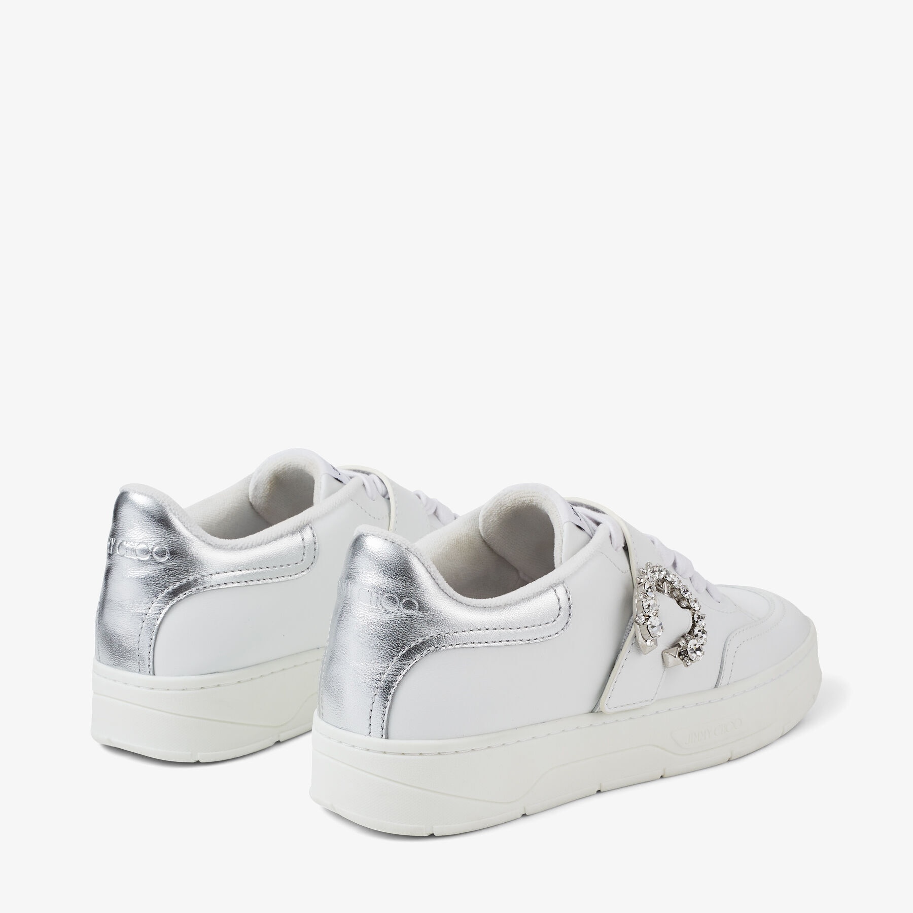 Osaka Lace Up
White Calf Leather and Silver Metallic Nappa Low Top Trainers with Crystal Buckle - 5