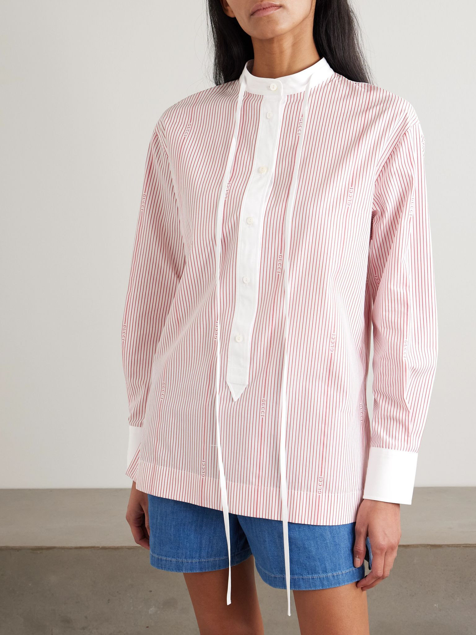 Tie-detailed striped cotton-poplin shirt Pink - 3