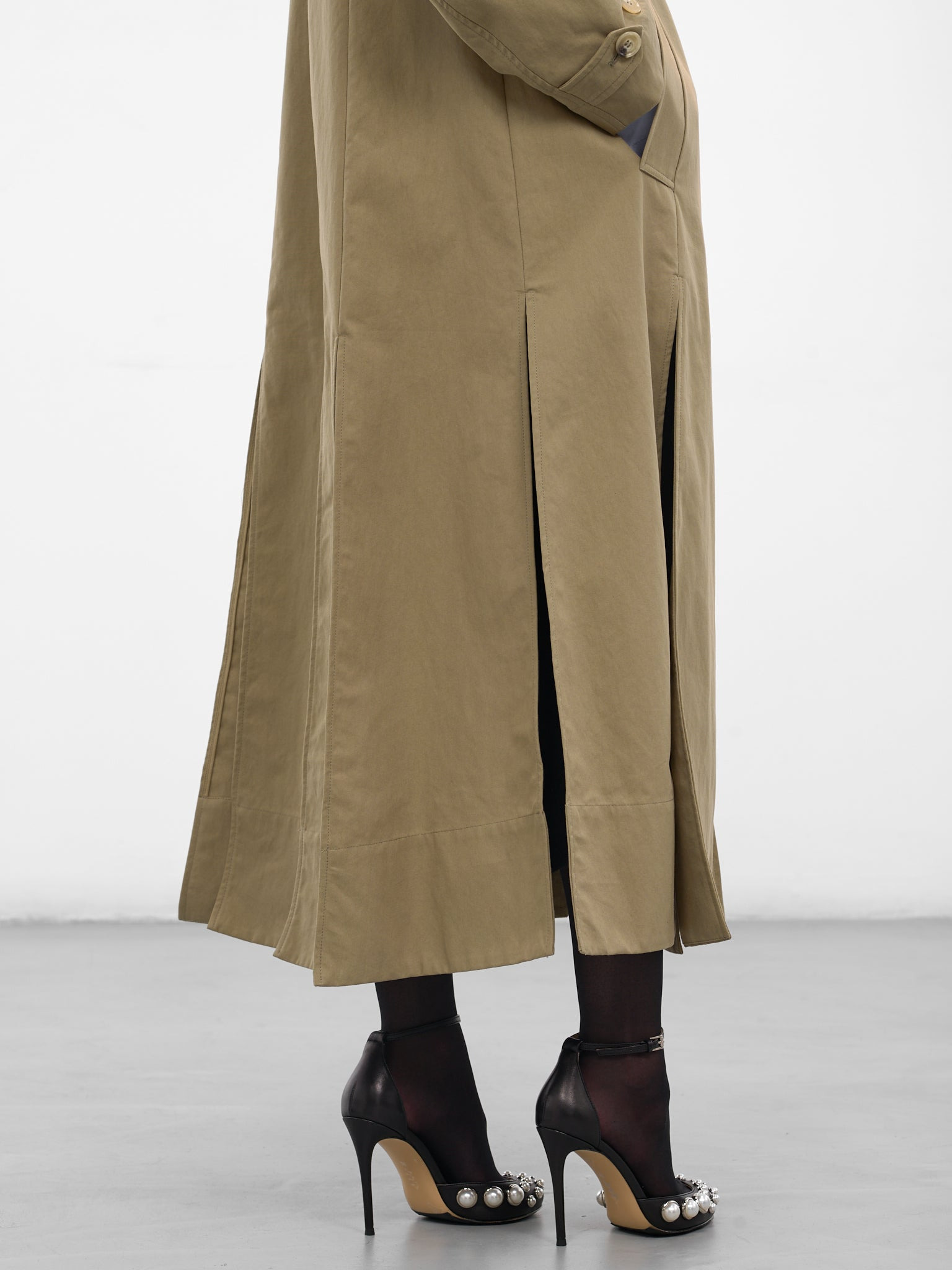 Beige Collarless Slit Trench Coat - 4