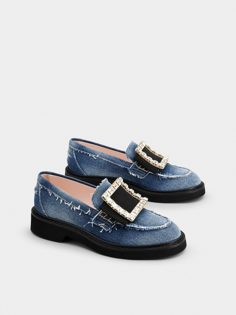 Roger Vivier Viv' Rangers Strass Buckle Loafers in Denim outlook
