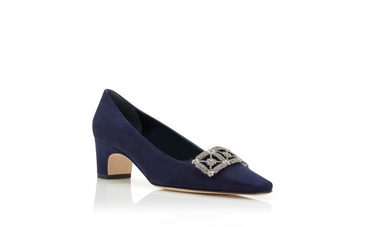 Navy Blue Suede Jewel Embellished Pumps - 3