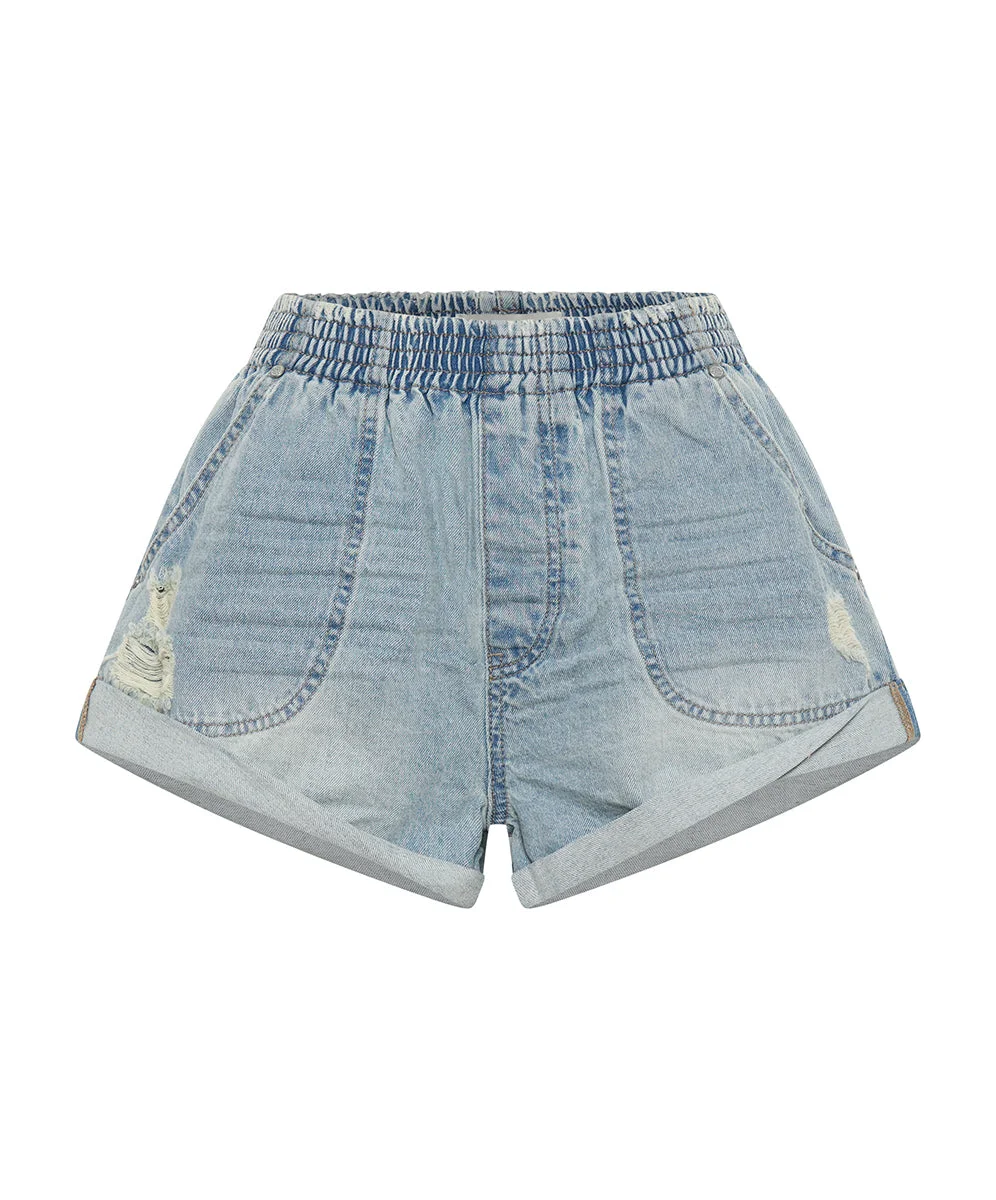 Hunters Mid Waist Boyfriend Elasticated Denim Shorts - Sportster Blue - 1