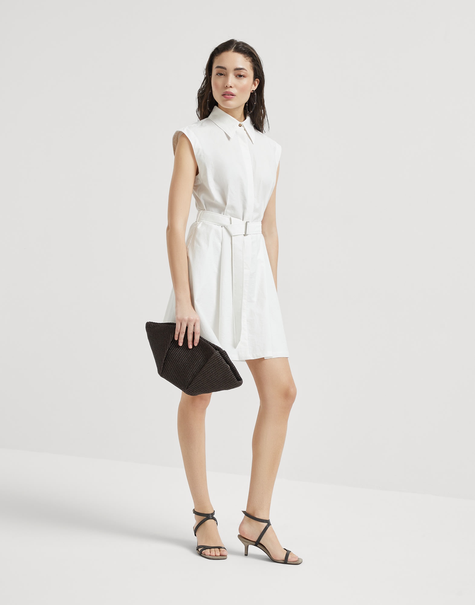 Techno cotton texture twill belted mini shirt dress with monili - 5