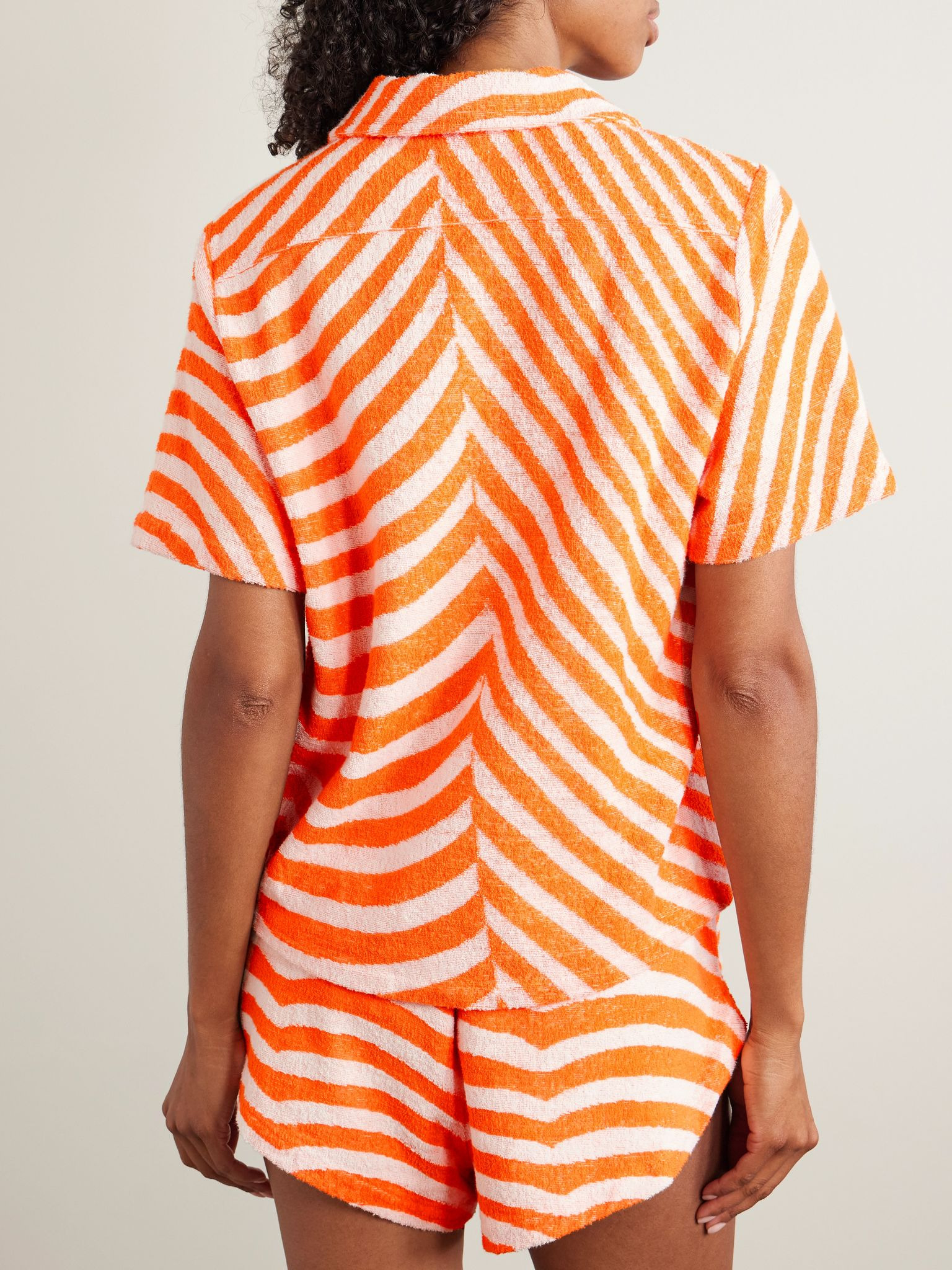 Embroidered striped cotton-terry shirt Orange - 4