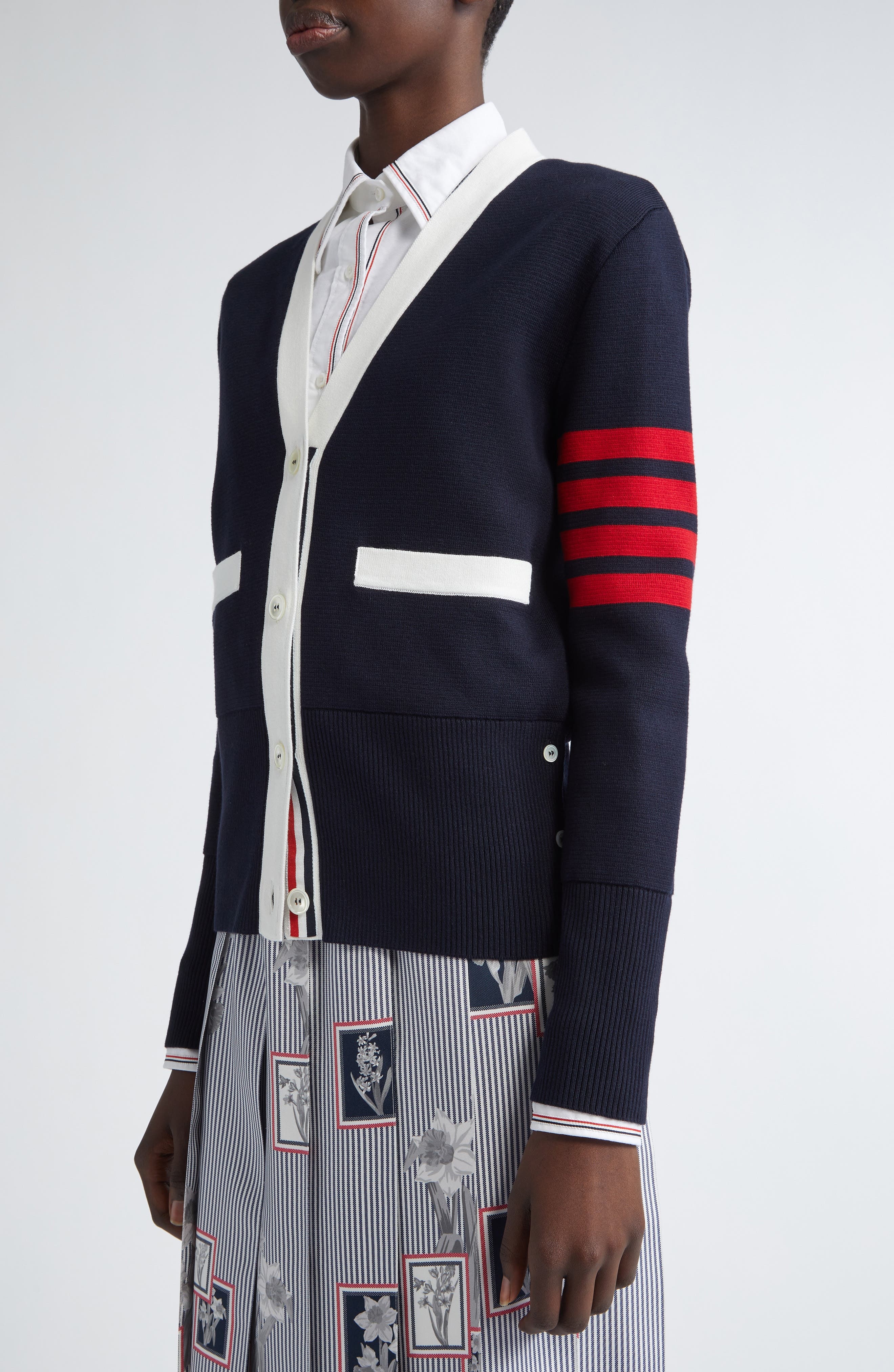 Thom Browne 4-Bar Contrast Trim Cotton Cardigan in Navy at Nordstrom - 5