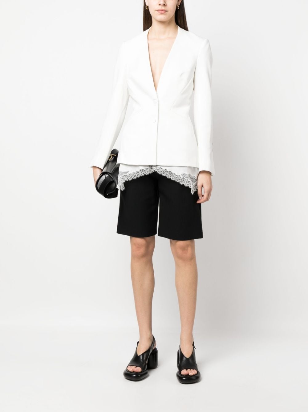 lace-hem collarless blazer - 2