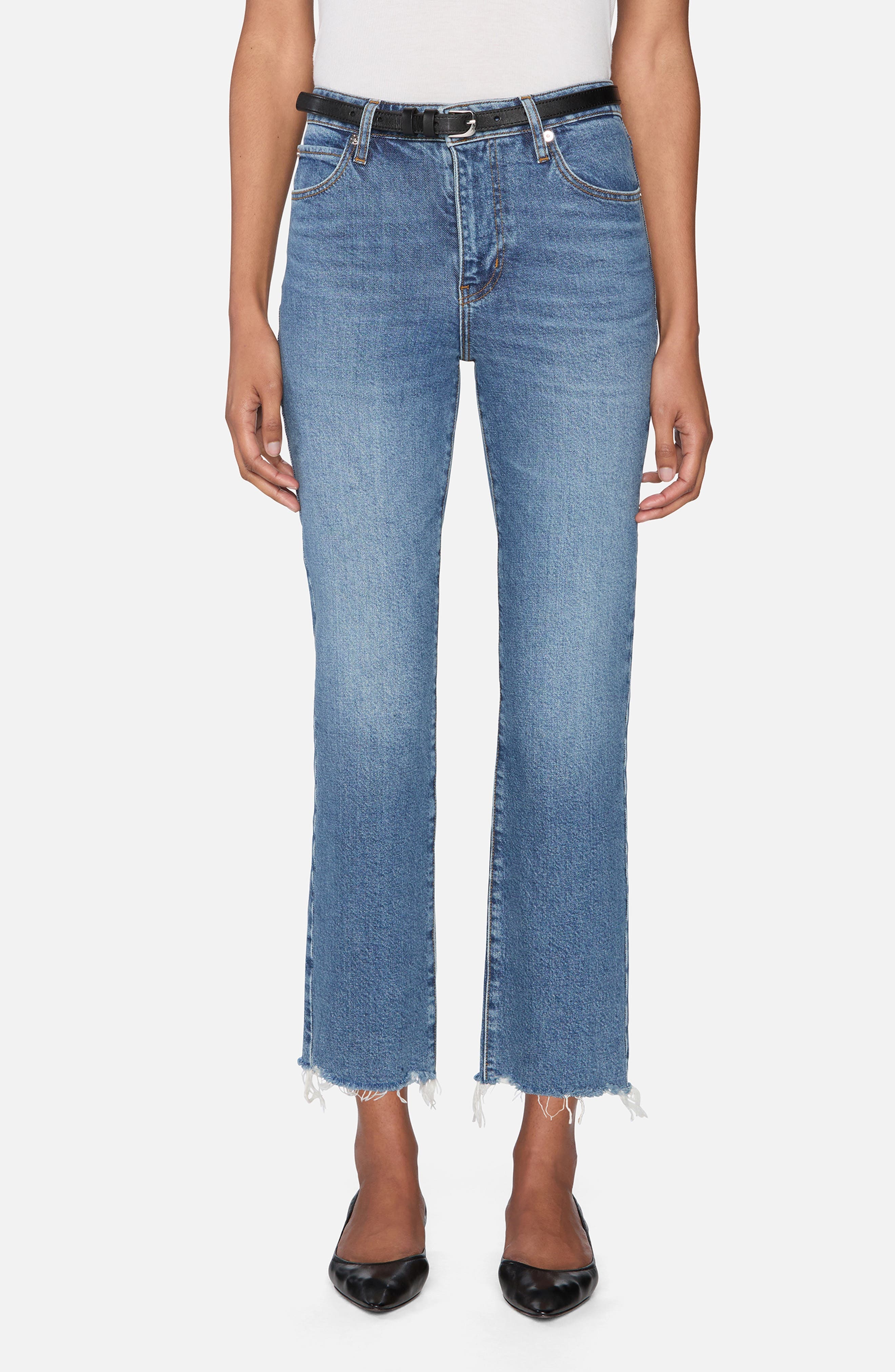 FRAME The Ruler Frayed High Waist Ankle Straight Leg Jeans in Stash Destructed Fray at Nordstrom - 1
