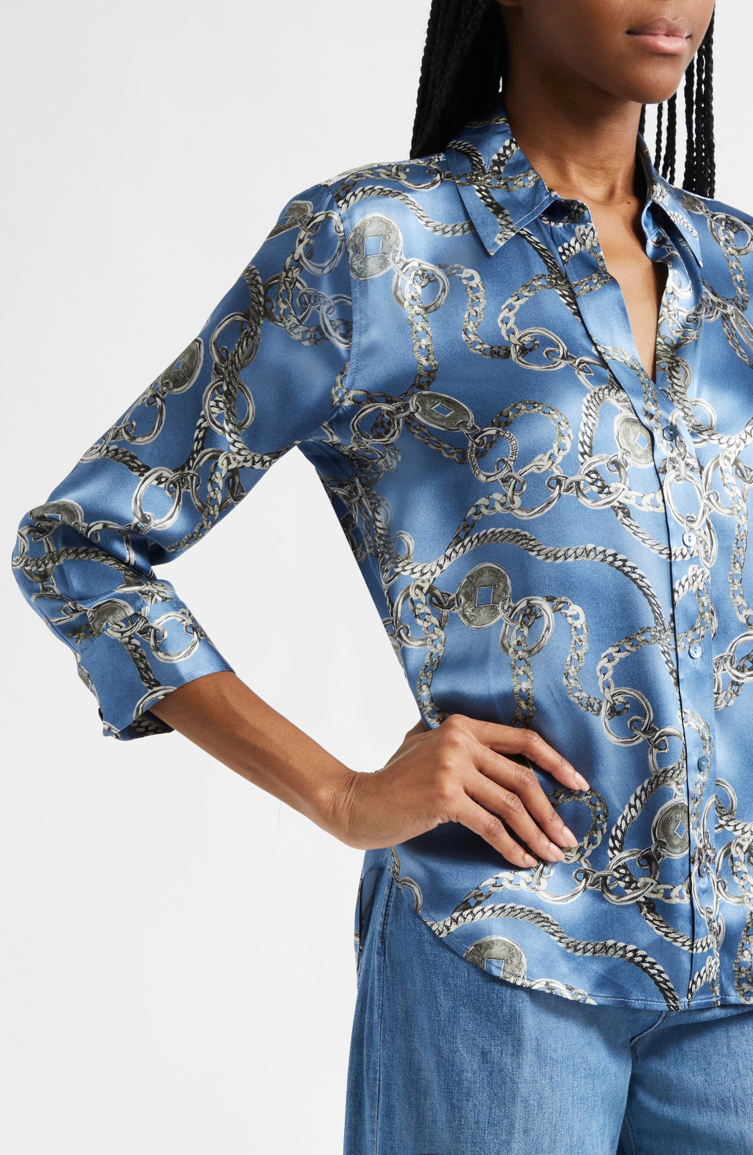 L'AGENCE Dani Chain Print Silk Button-Up Shirt in Blue Horizon/Silver Good Luck at Nordstrom - 5