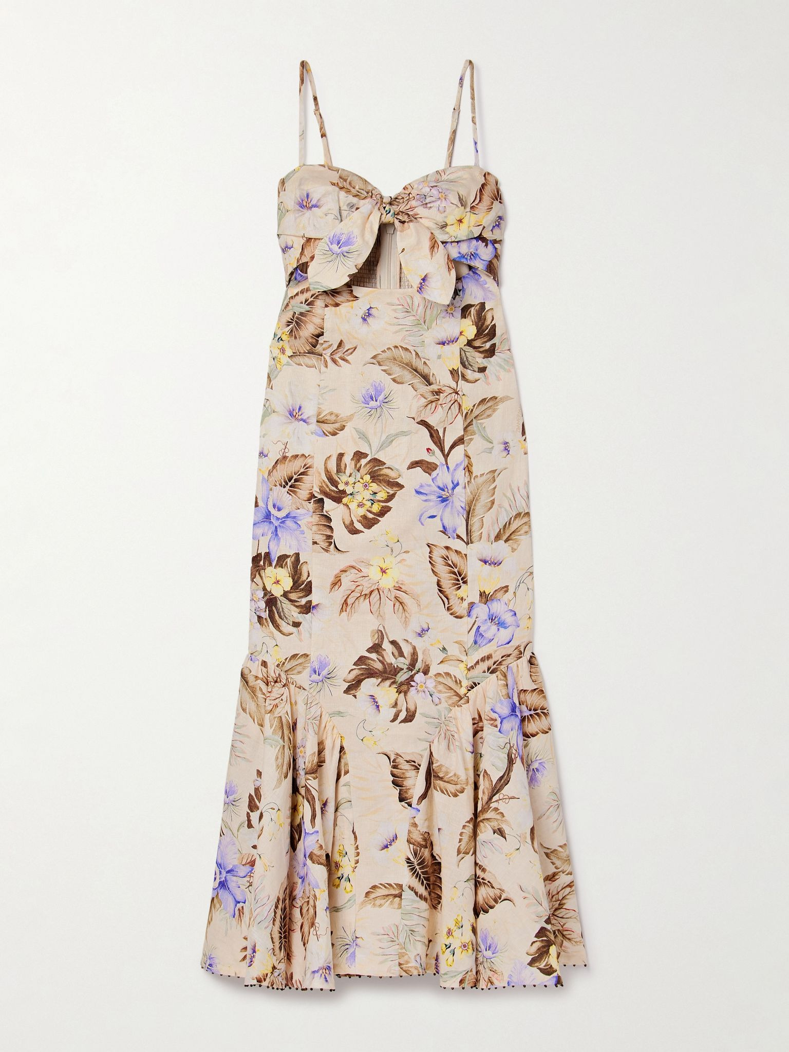 Coco bow-embellished cutout floral-print linen midi dress Beige - 1
